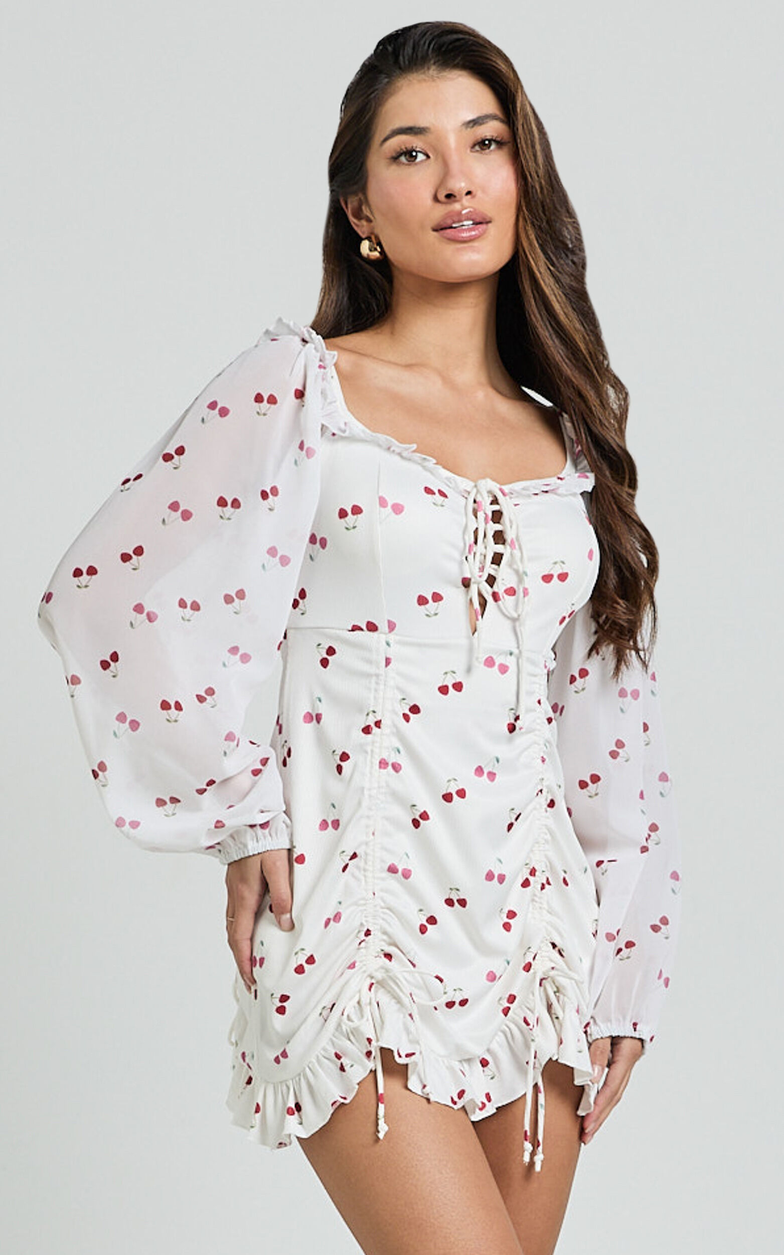 Francia Mini Dress - Long Sleeve Gathered Frill Hem Detail Dress in Cherry Print