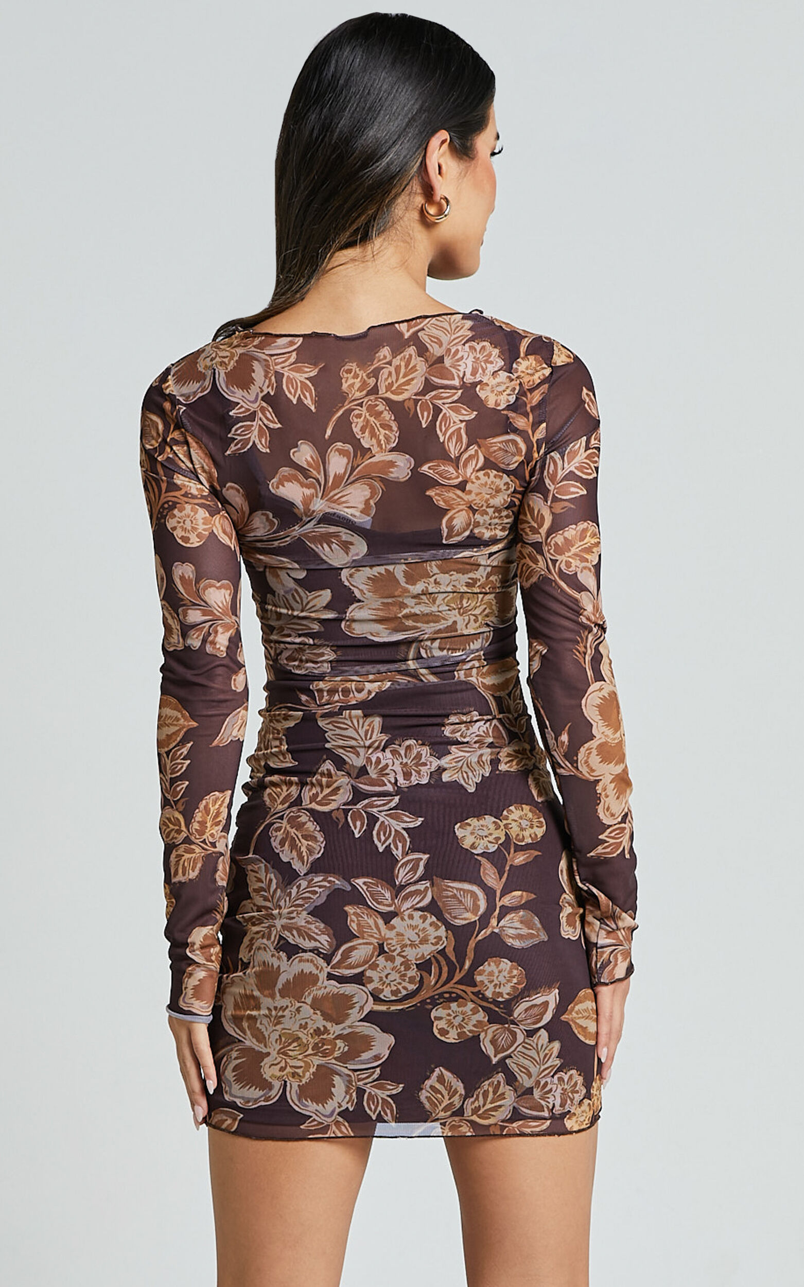 Livi Mini Dress - Long Sleeve Mesh Bodycon Dress in Amber Bloom Print