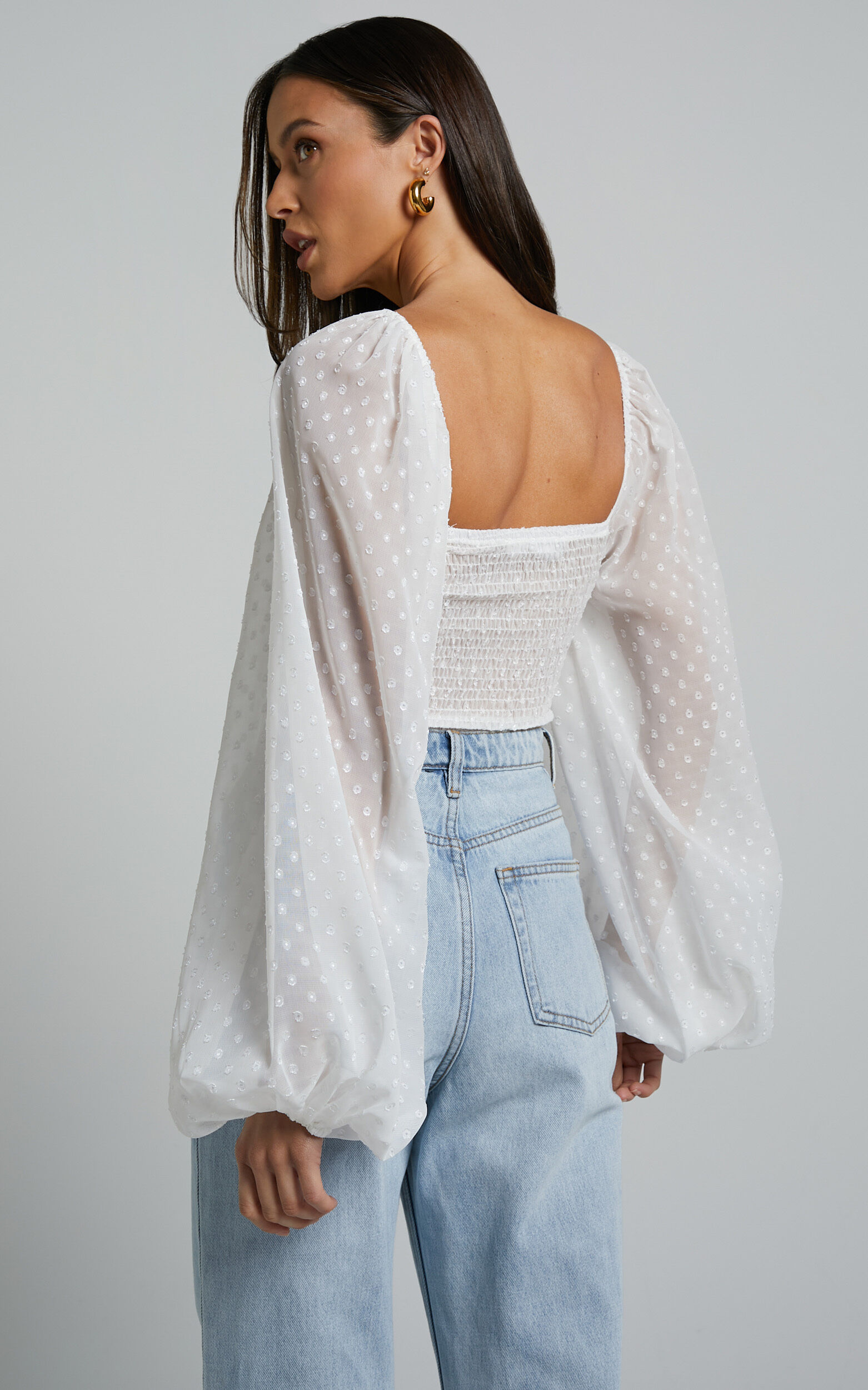 Conny Bodysuit - Spotted Balloon Sleeve Sweetheart Bodysuit in Ivory