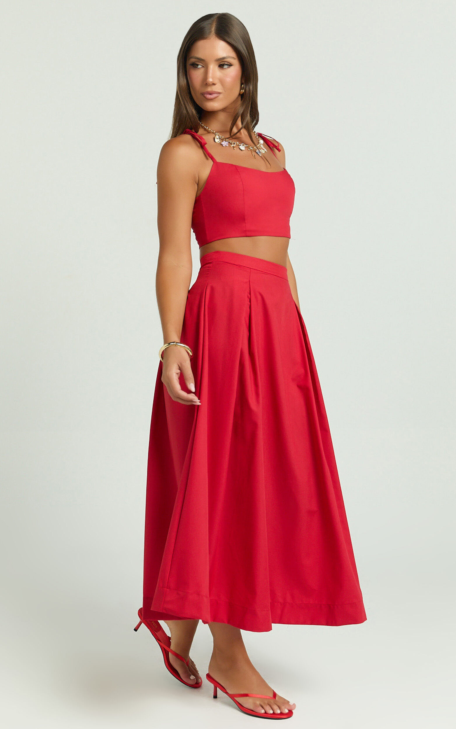 Rosalee Two Piece Set - Strappy Crop Top and High Waisted A Line Midi Skirt Set in Red