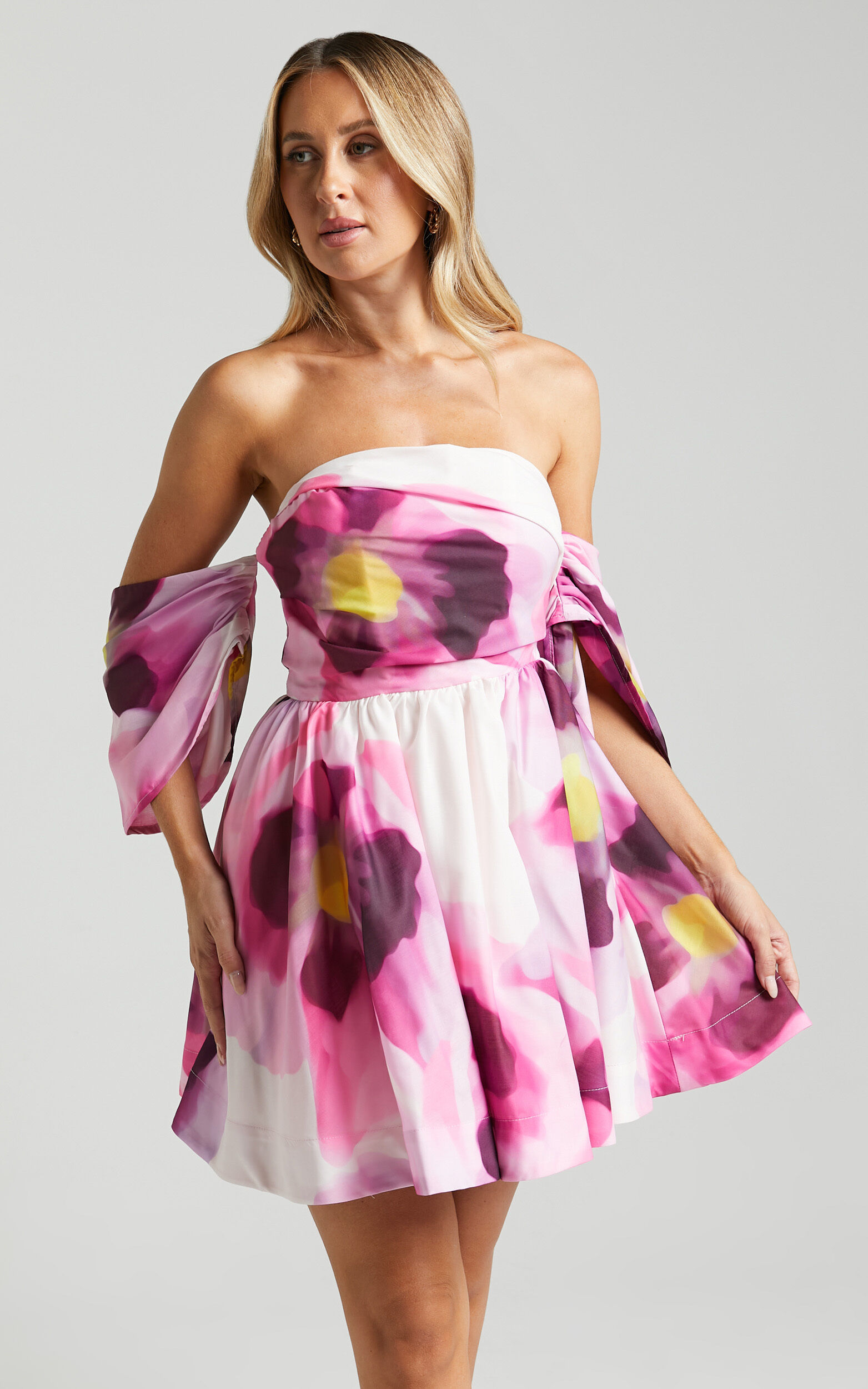 Claudie Off Shoulder Mini Dress in Zinnia Bloom