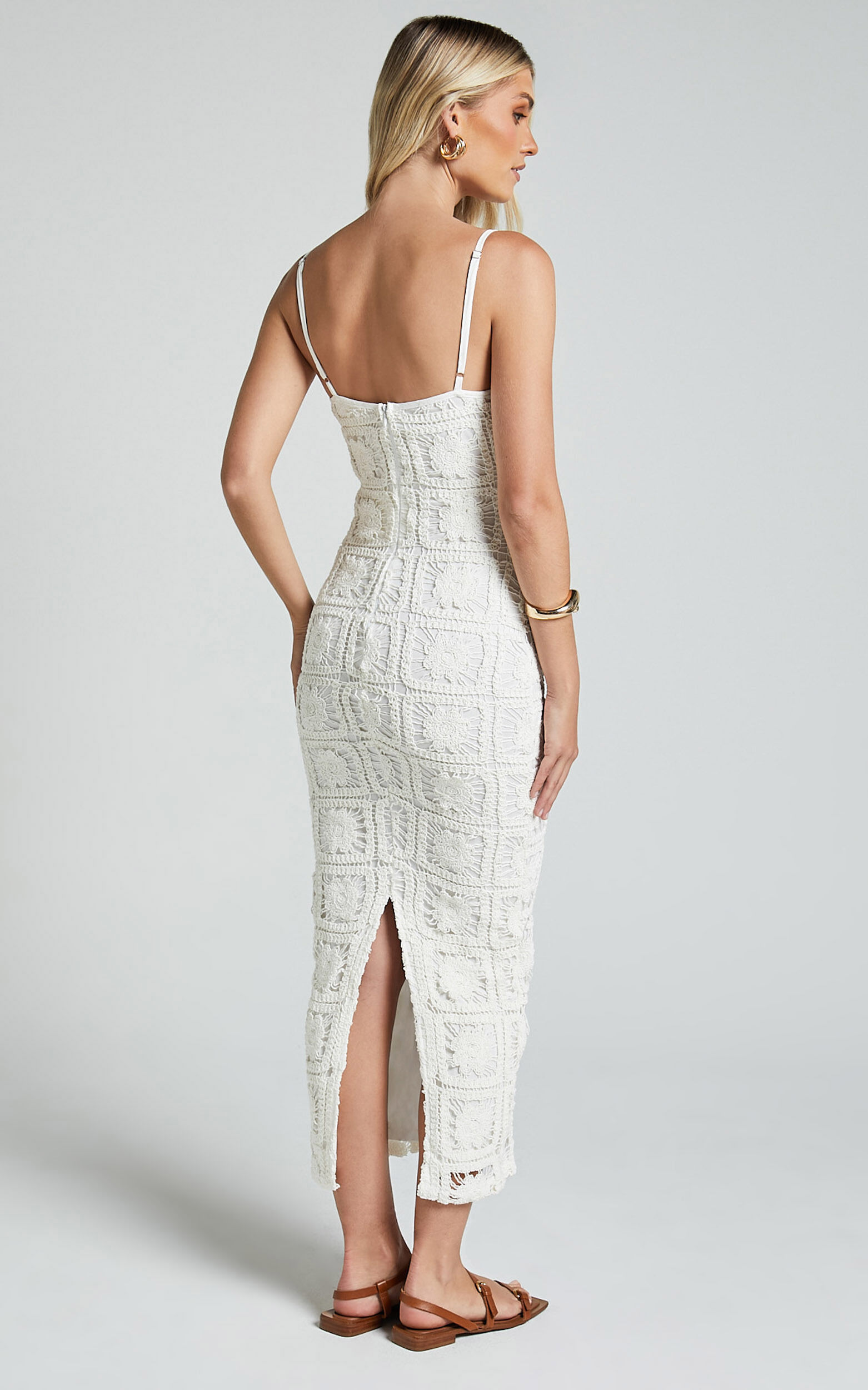 Antwerp Midi Dress - Strappy Bodycon Dress in White Crochet