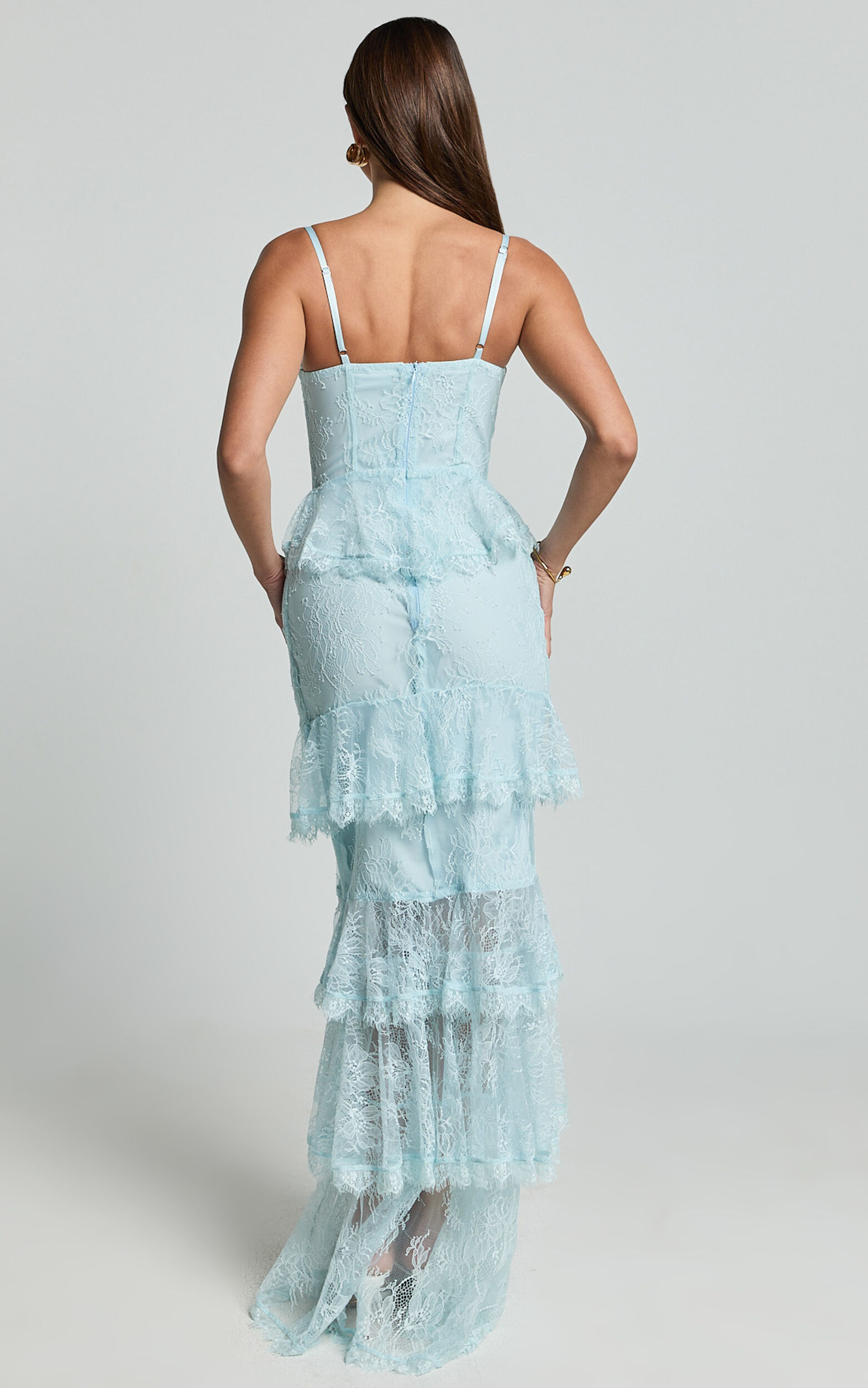 Merrick Maxi Dress - Sweetheart Corset Front Tiered Maxi Dress in Ice Blue