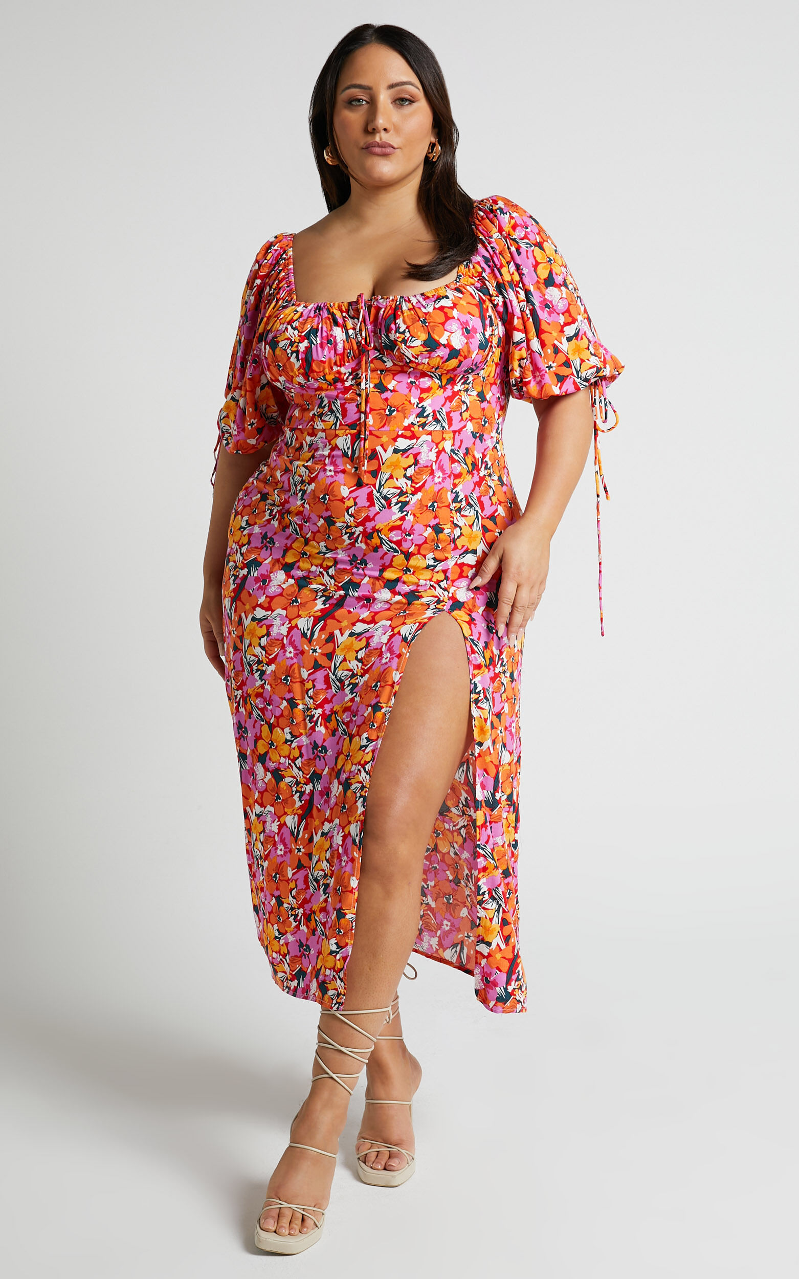 Rosario Midi Dress - Ruched Bust Puff Sleeve Dress in Spring Floral