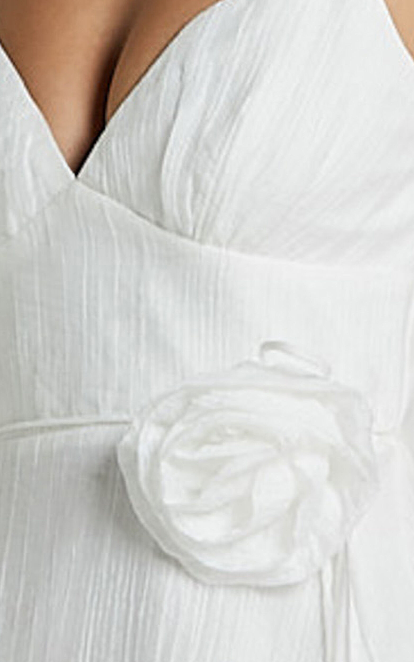 Adeline Mini Dress - Gathered Bust V Neck Rosette Detail Dress in White