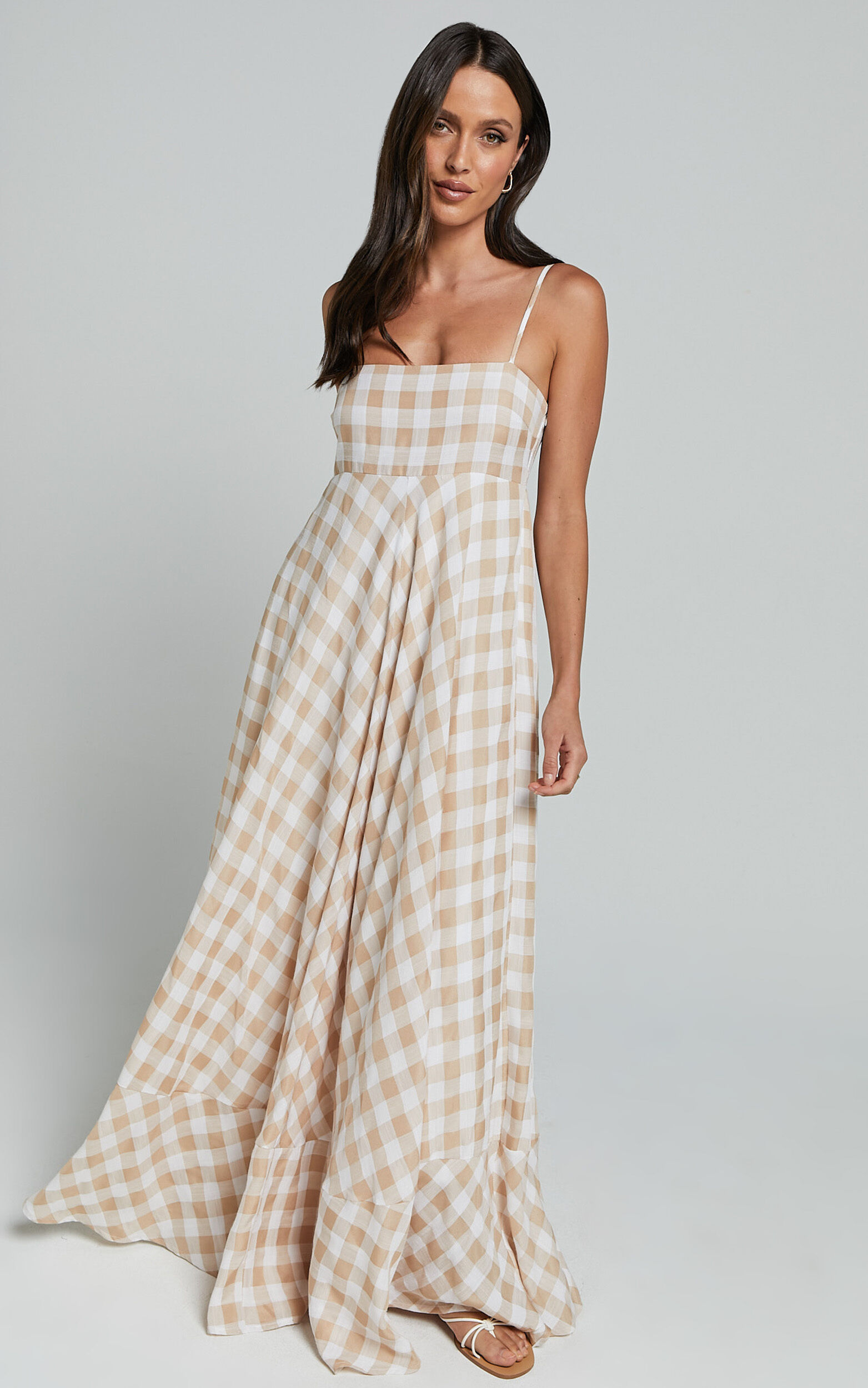 Katrien Maxi Dress - Strappy Empire Waist Flare Dress in Beige and White Check