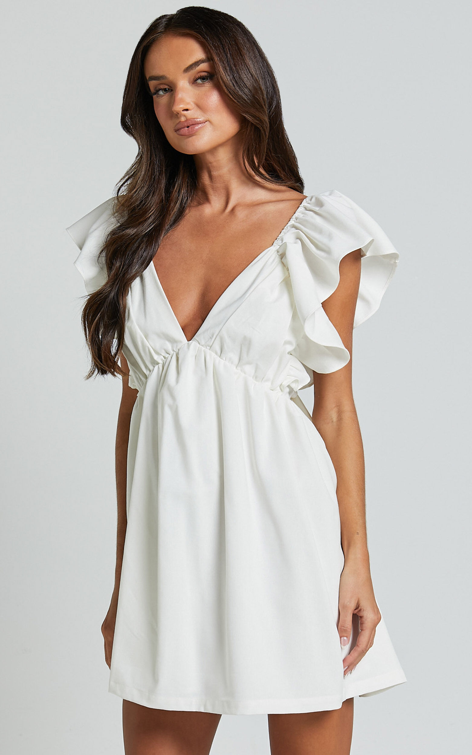 Raiza Mini Dress - Ruffle Sleeve Tie Back Plunge Dress in Off White