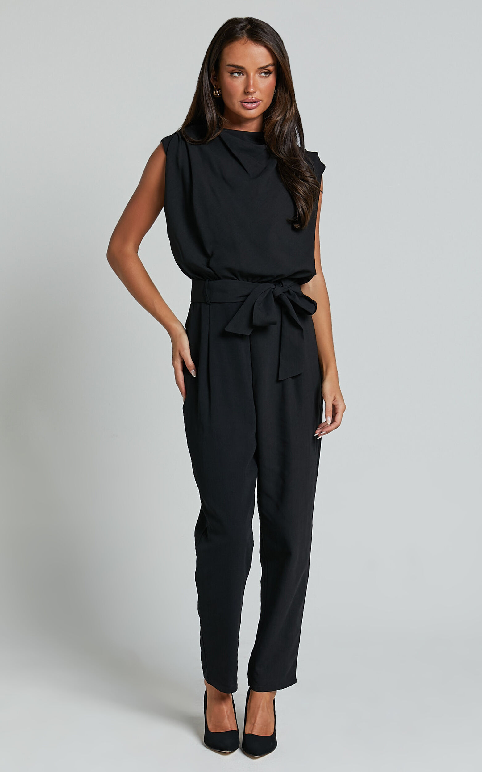 Arianae Jumpsuit - High Neck Tie Waist Jumpsuit in Black