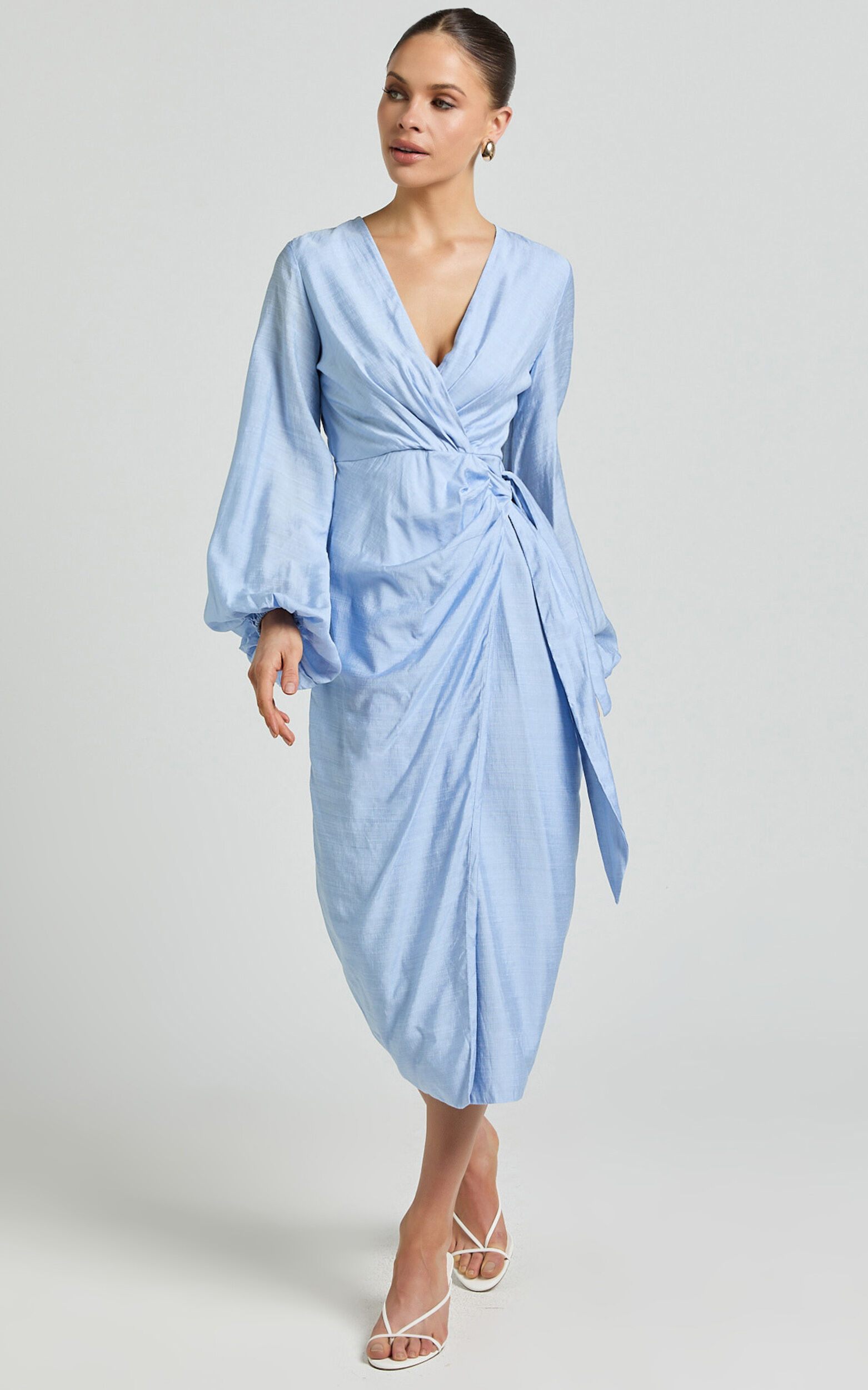 Taylor Midi Dress - Long Sleeve Wrap Dress in Blue