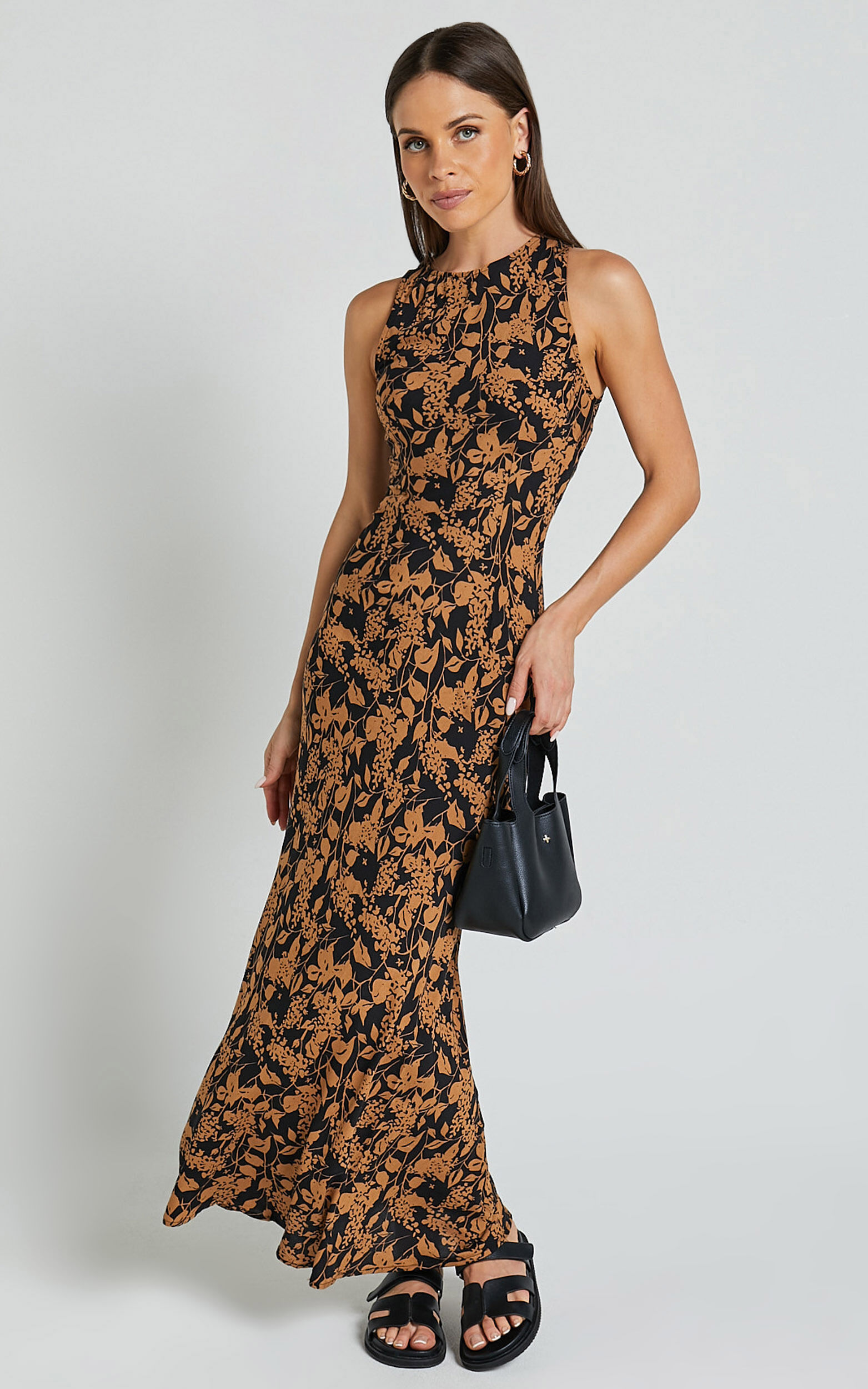 Francis Midi Dress - High Neck Slip Dress in Brown Floral