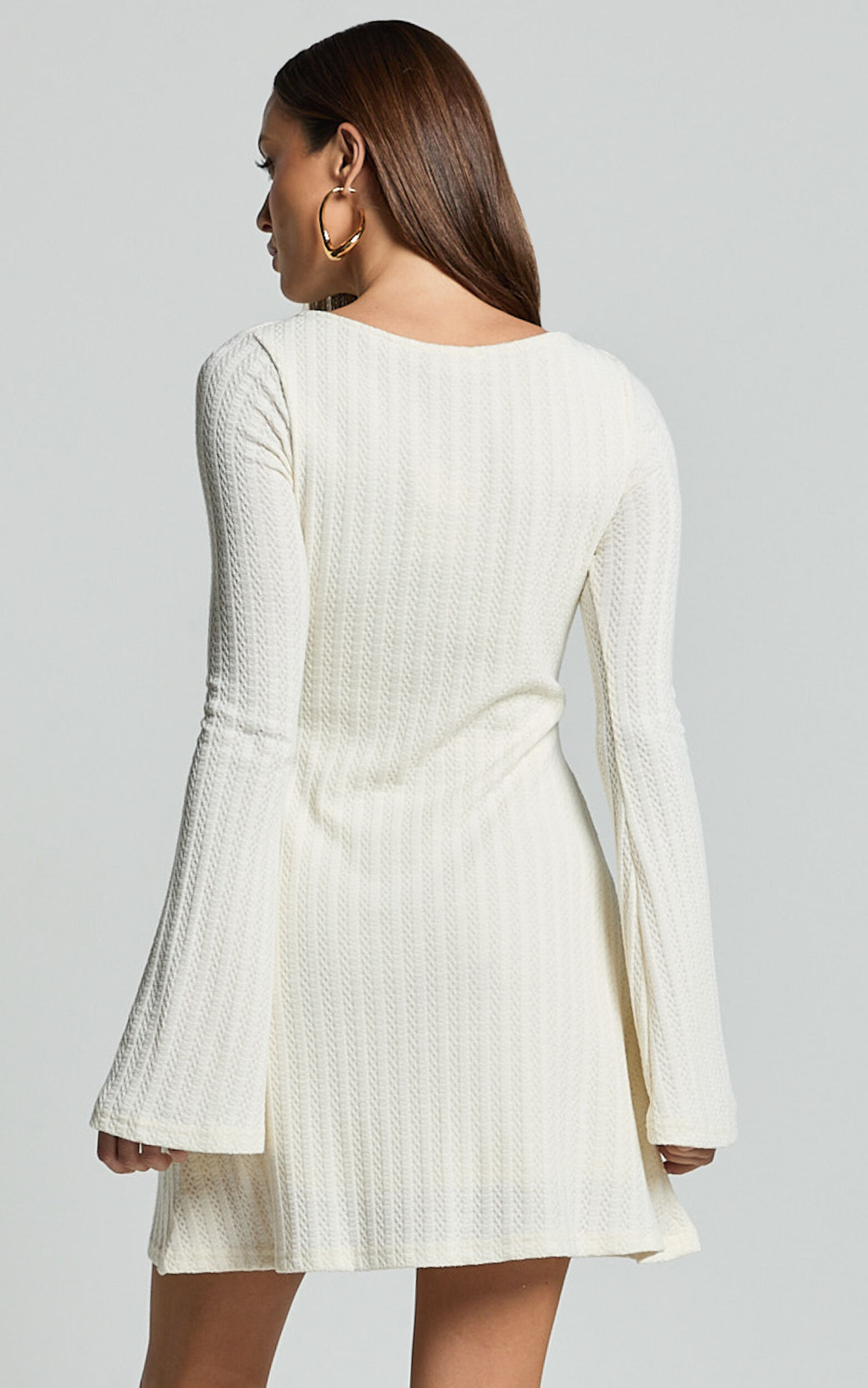 Melissa Mini Dress - Flared Long Sleeve A Line Dress in Off White