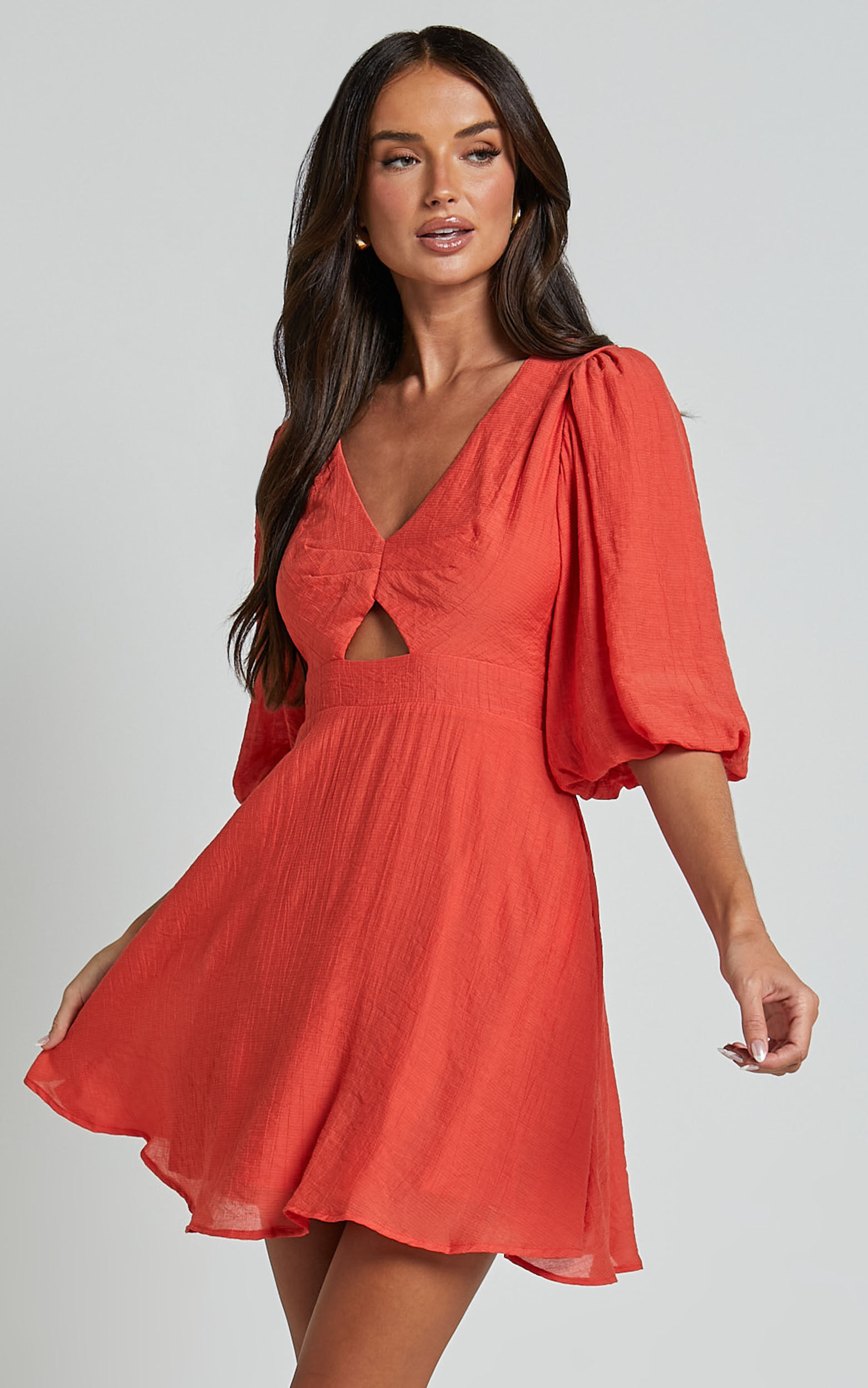 Jackielyn Mini Dress - Front Cut Out V Neck Puff Sleeve A Line Dress in Papaya
