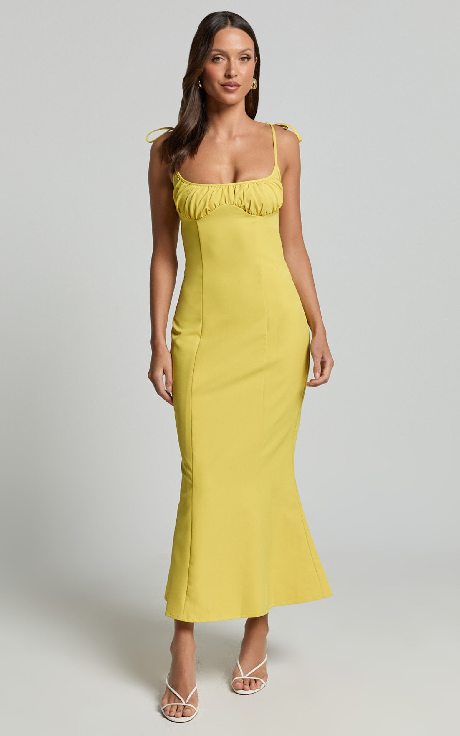 Karina Midi Dress - Ruched Bust Tie Shoulder Fit and Flare Dress in Lemon