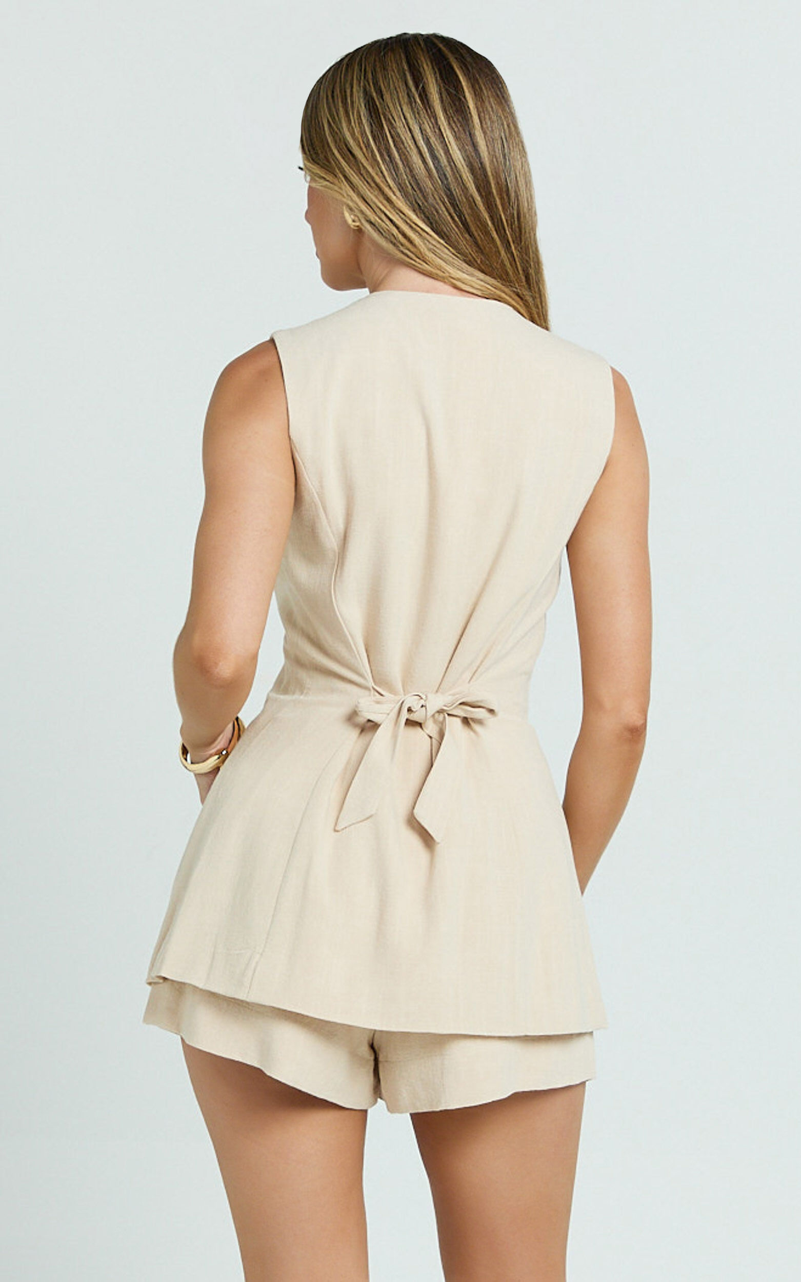 Olivia Top - Longline Linen V Neck Back Tie Vest Top in Natural