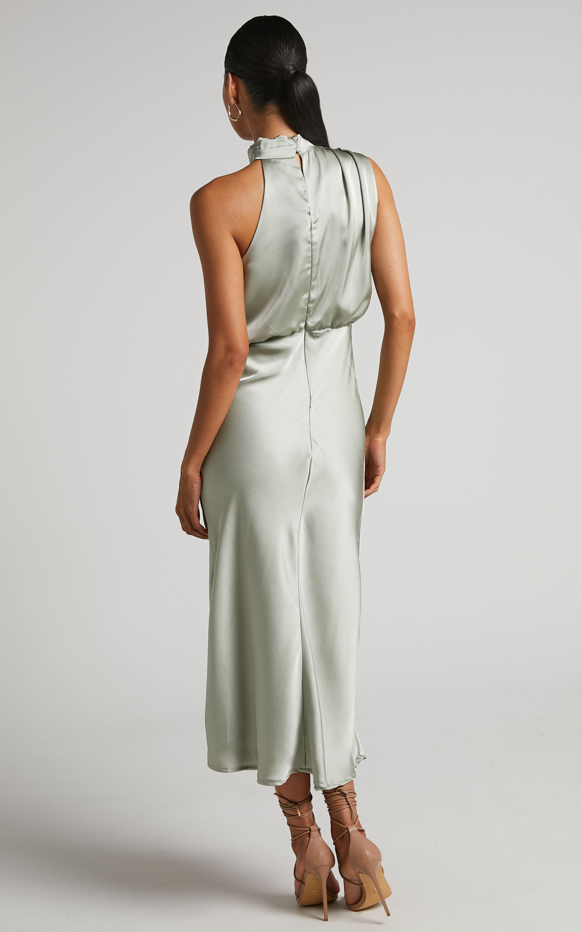 Minnie Midi Dress - Drape Neck Satin Slip Dress in Sage
