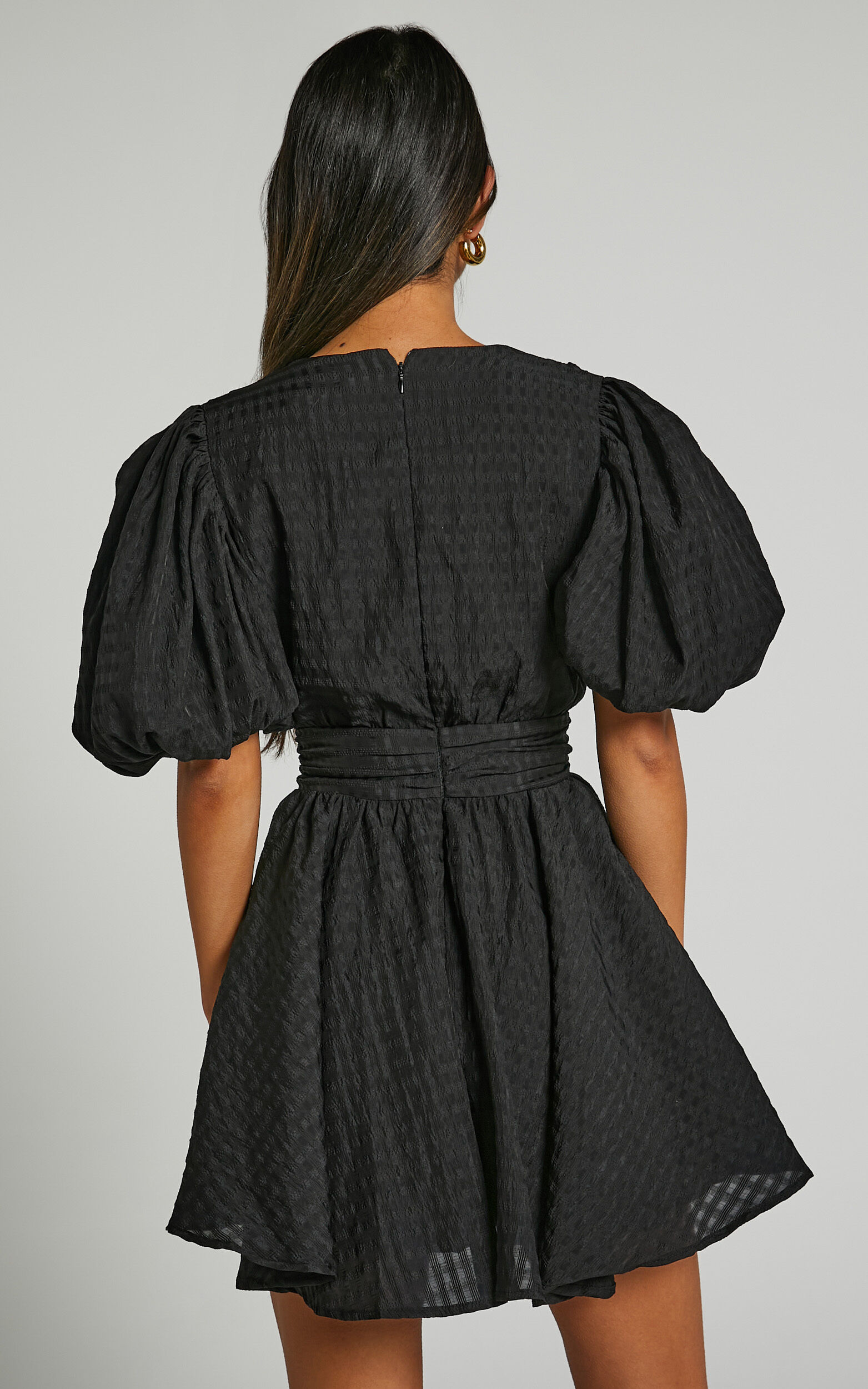 Xandy Mini Dress - Textured Puff Sleeve Plunge Dress in Black