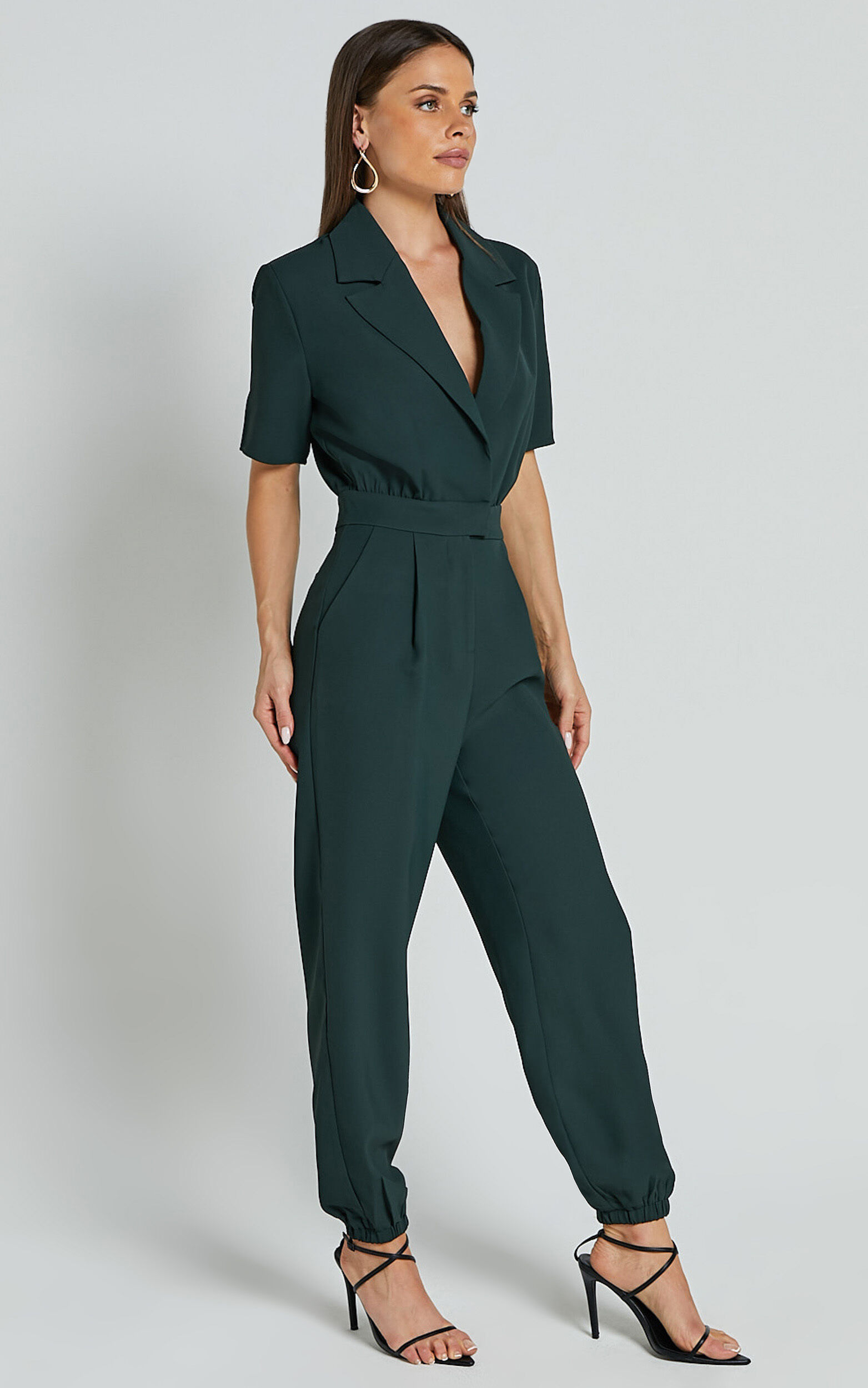 Coco Jumpsuit - Collared Short Sleeve Straight Leg Jumpsuit in Forest Green
