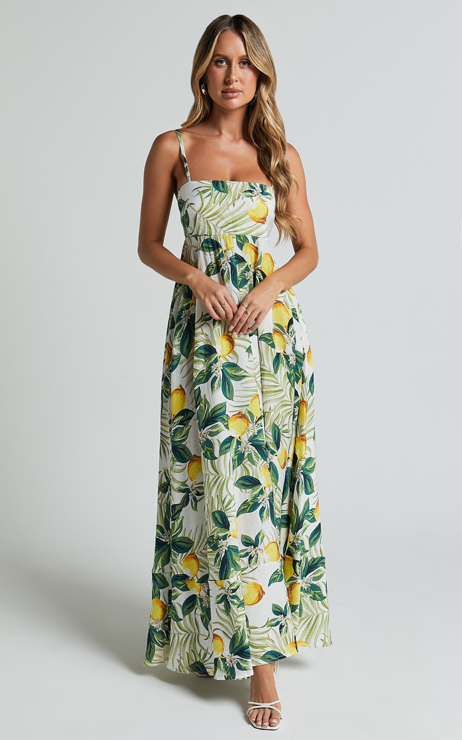 Cardi Maxi Dress - Strappy Straight Neck A Line Dress in Yellow