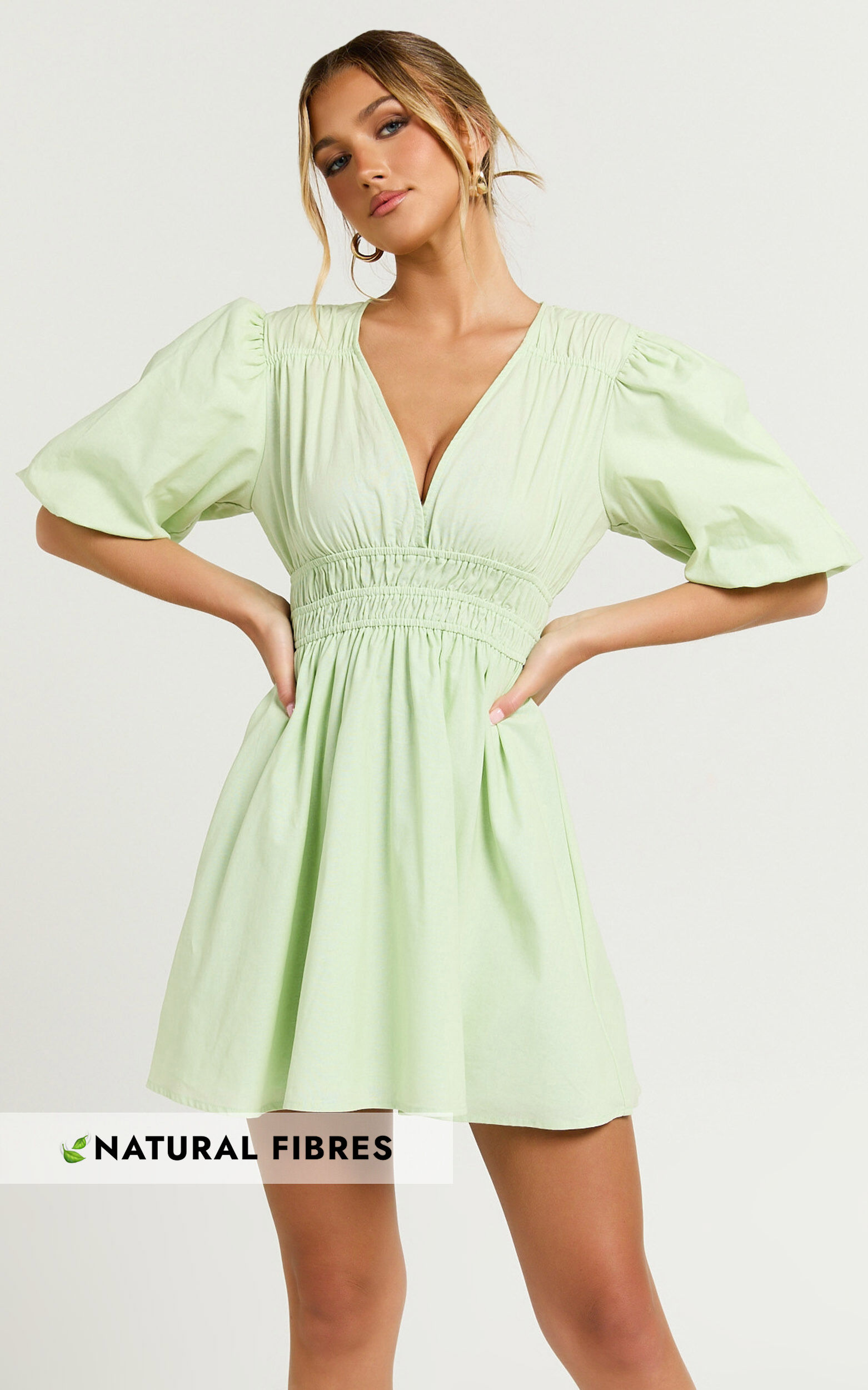 Francesca V Neck Puff Sleeves Mini Dress in Green