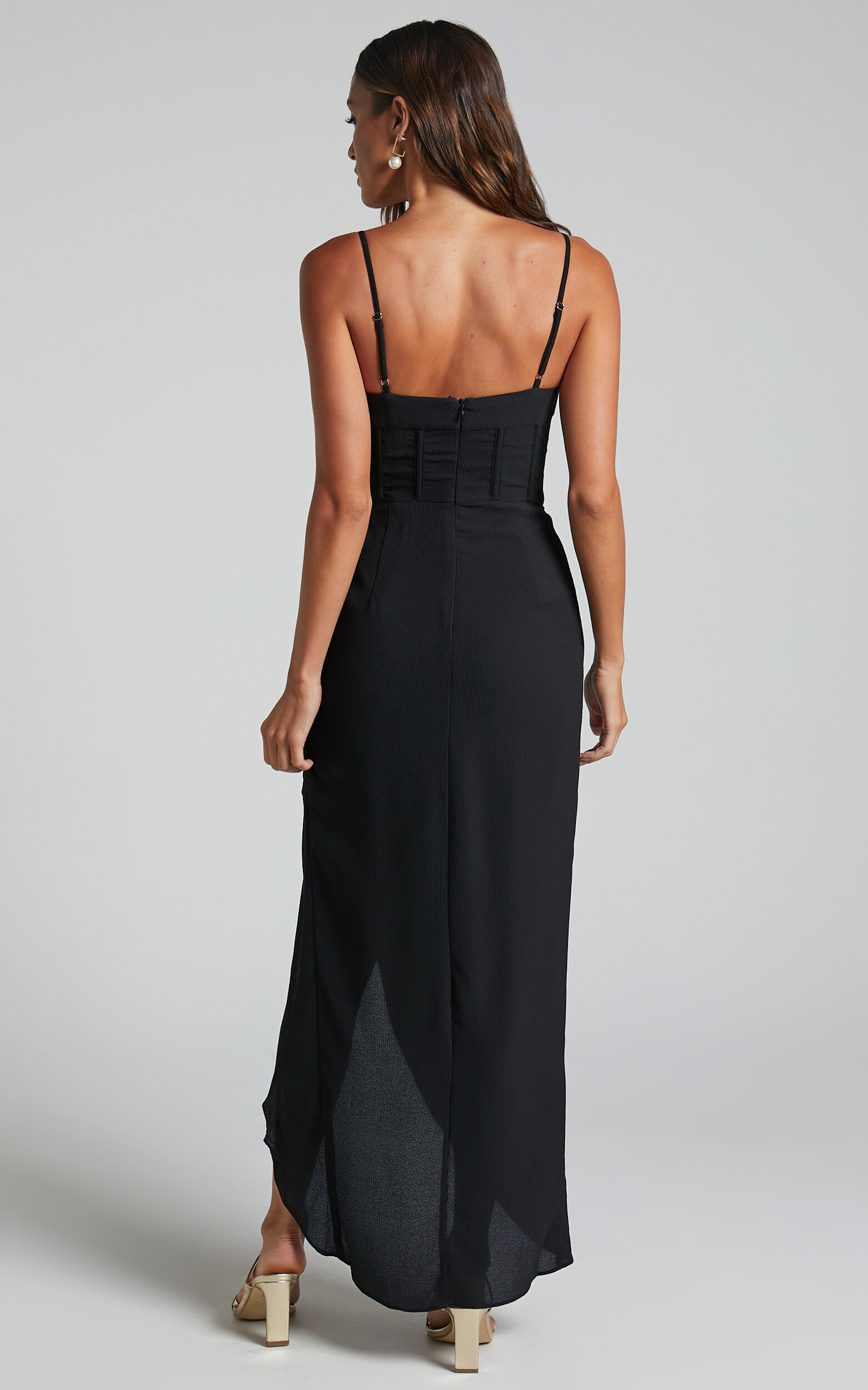 Andrina Midi Dress - High Low Wrap Corset Dress in Black