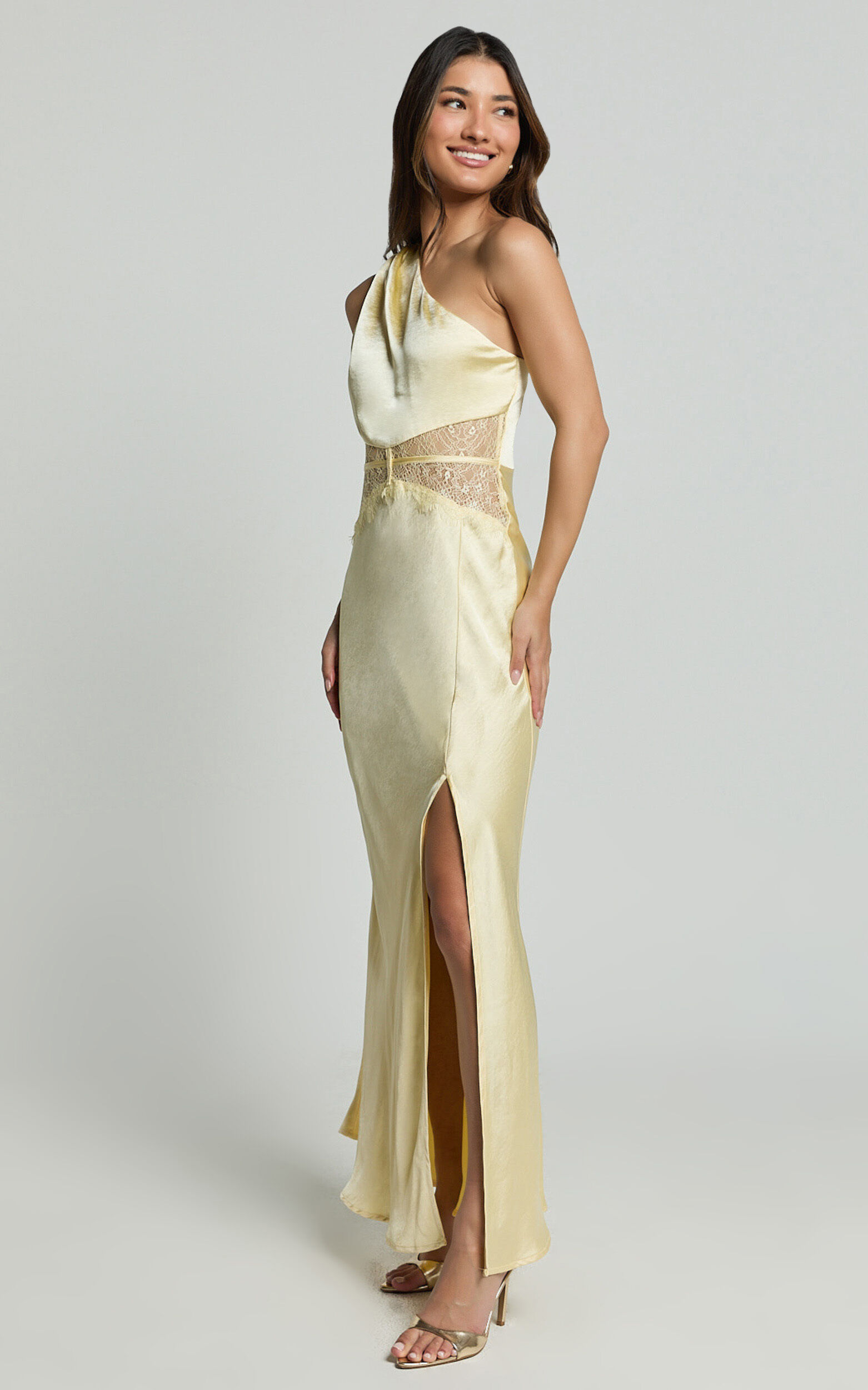 Estella Midi Dress - Asymmetrical Lace Detail Waist Slip Dress in Butter