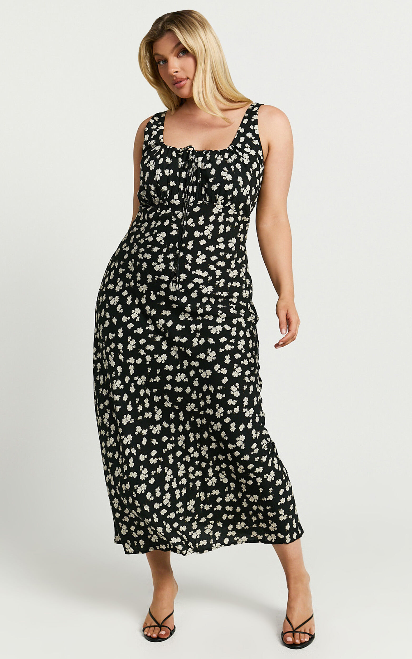 Elanora Midi Dress - Scoop Neck Keyhole Front Empire Waist Bias Cut Slip Dress in Black Wildflower