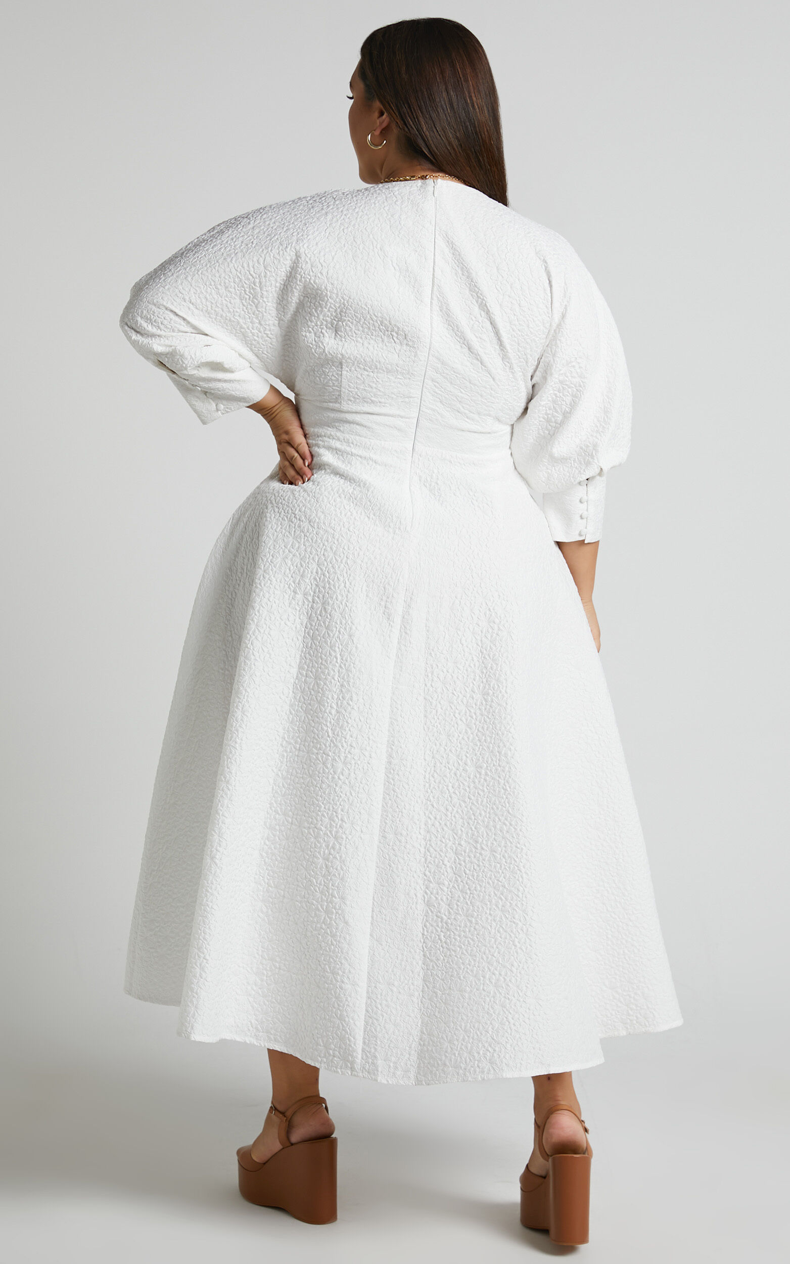 Ashtina Midi Dress - V Neck Cut Out Puff Sleeve Dress in White