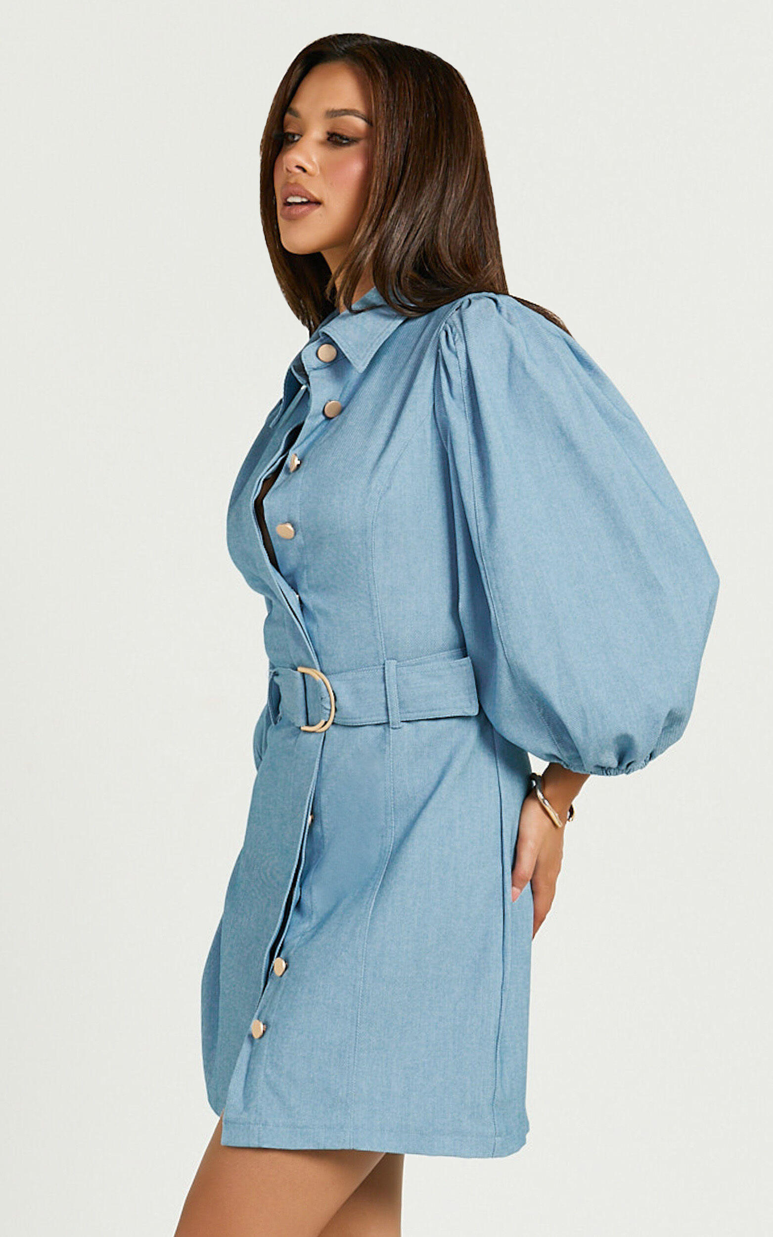 Aubrie Mini Dress - Blouson Sleeve Button Through Belted Dress in Light Blue