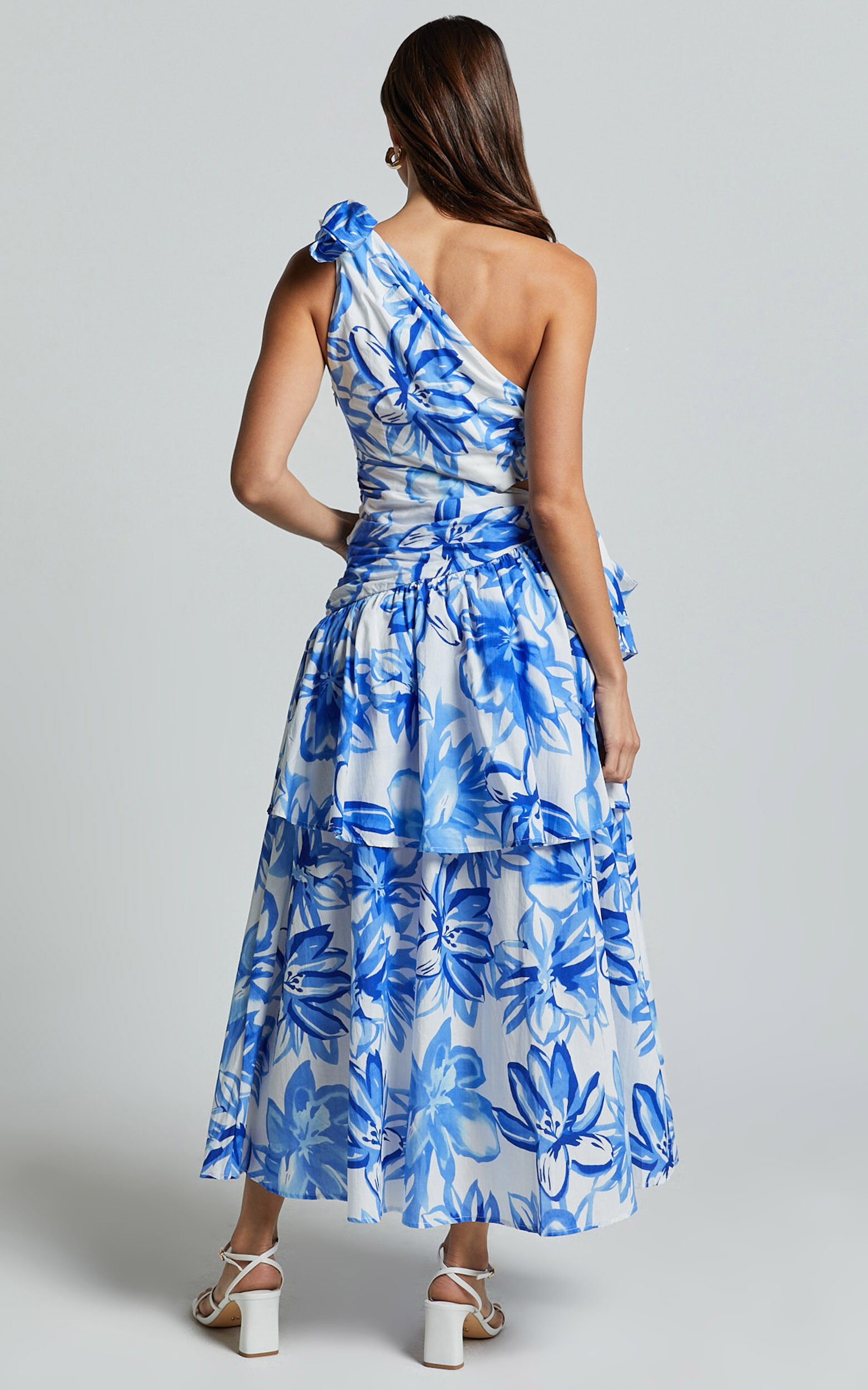 Honolulu Midi Dress - One Shoulder Tiered Dress in Blue and White Print