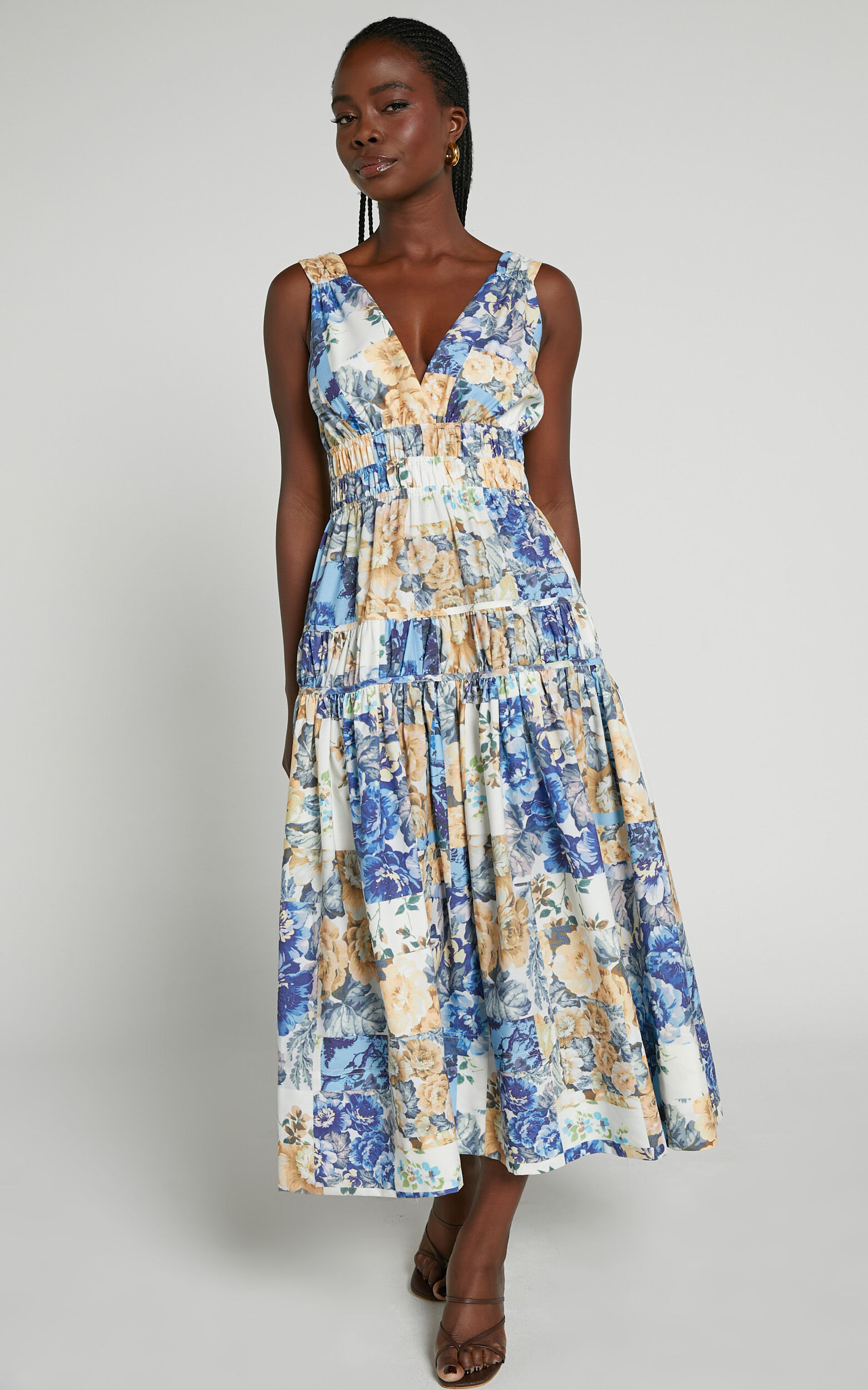 Emily Midi Dress - Plunge Tiered Midi in Patchwork Floral