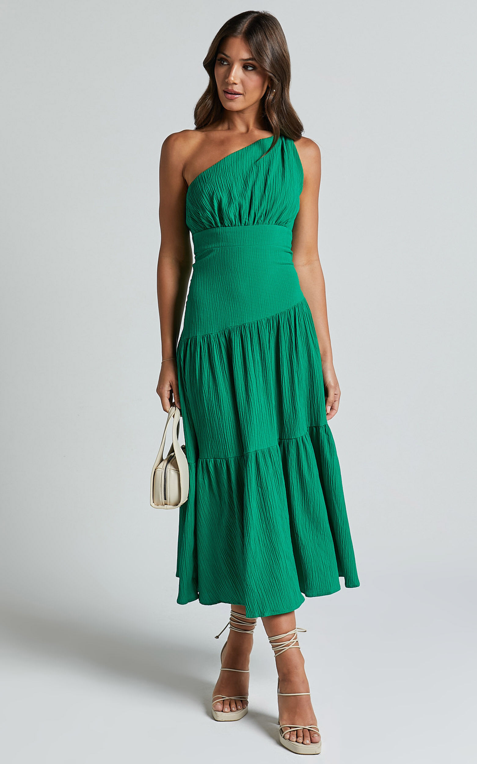 Celestia Midi Dress - Tiered One Shoulder Dress in Green