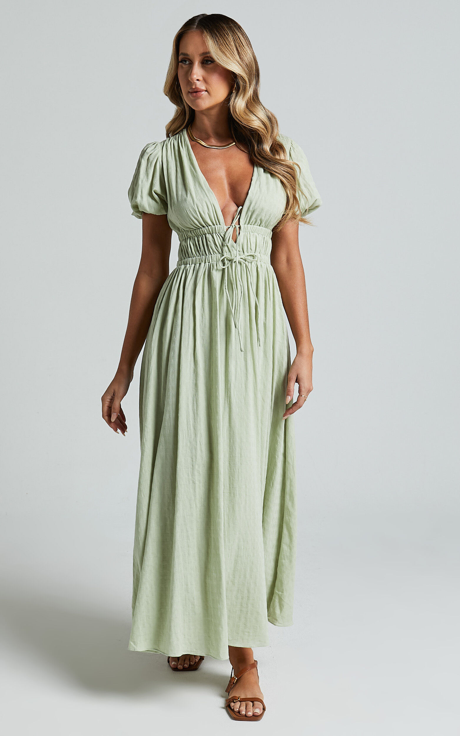 Matteo Midi Dress - Deep V Neck Puff Sleeve Dress in Sage