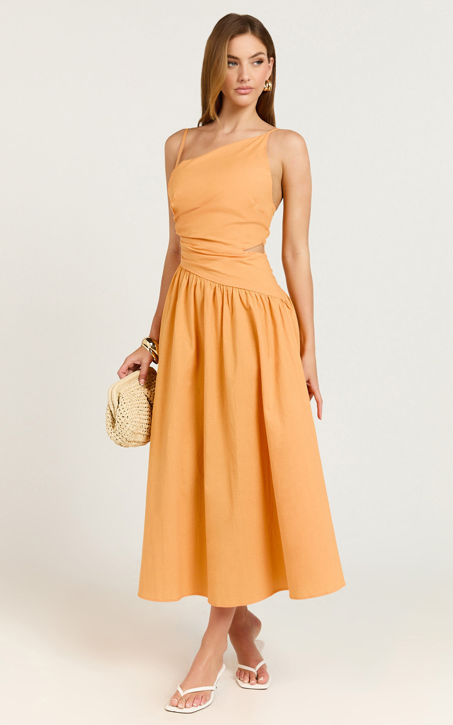 Ebony Midi Dress - Asymmetrical Cut Out Dress in Orange