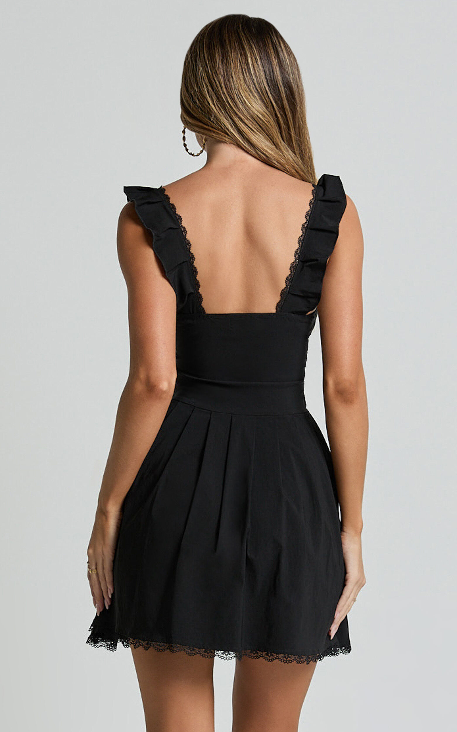 Petunia Mini Dress - Fit and Flare Baby Doll Frill Detail Mini Dress in Black