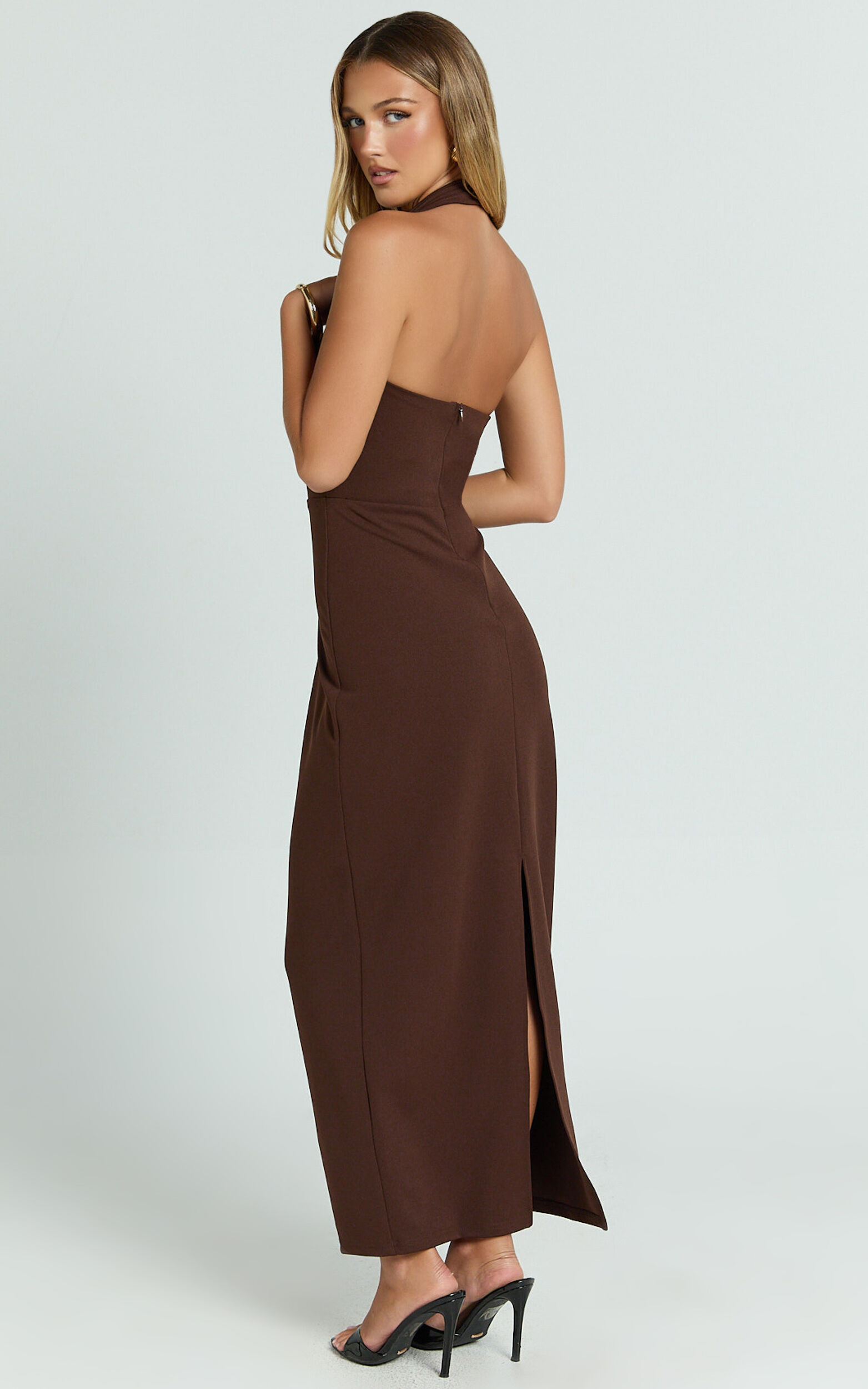 Salome Midi Dress - Halter Neck Column Dress in Chocolate