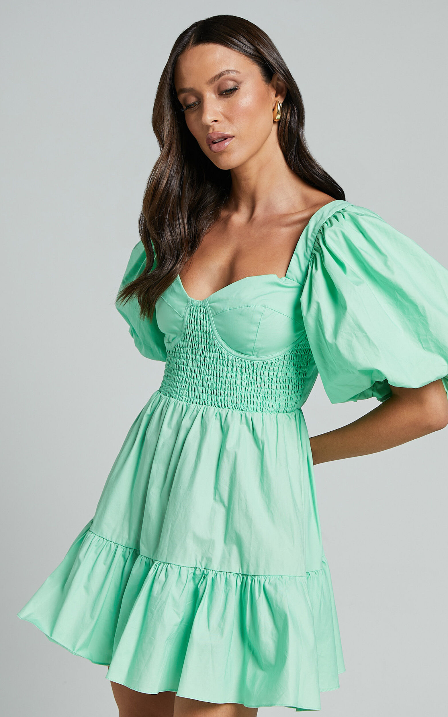 Rhiza Mini Dress - Sweetheart Puff Sleeve Flare Dress in Mint