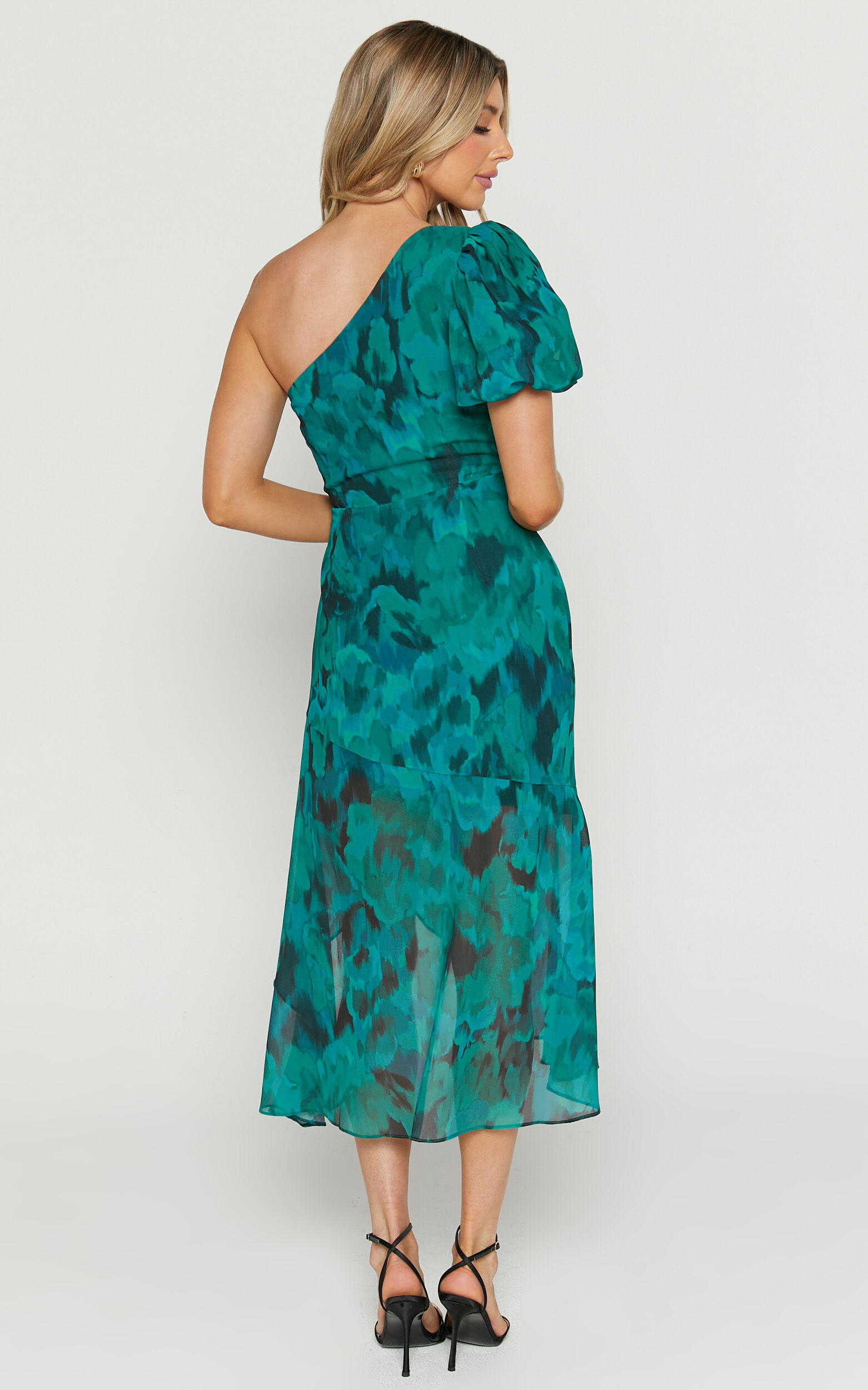 Clabelle Midi Dress - One Shoulder Ruffle Tulip Hem Dress in Emerald Blur Floral