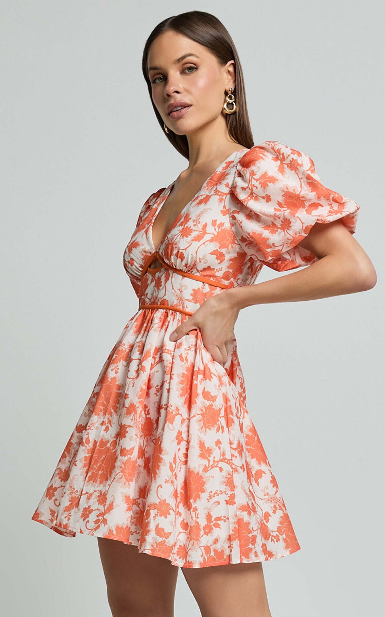 Natalia Mini Dress - Puff Sleeve Cut Out Dress in Orange Floral