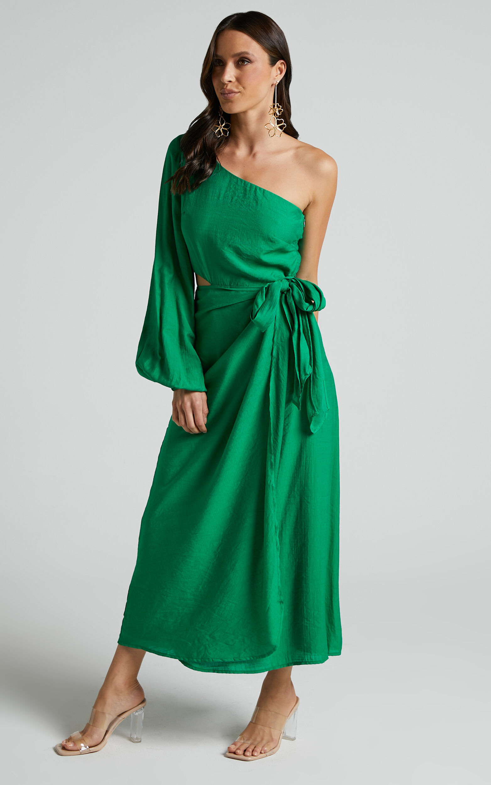 Savannah Midi Dress - One Shoulder Long Sleeve Cut Out Wrap Skirt in Green