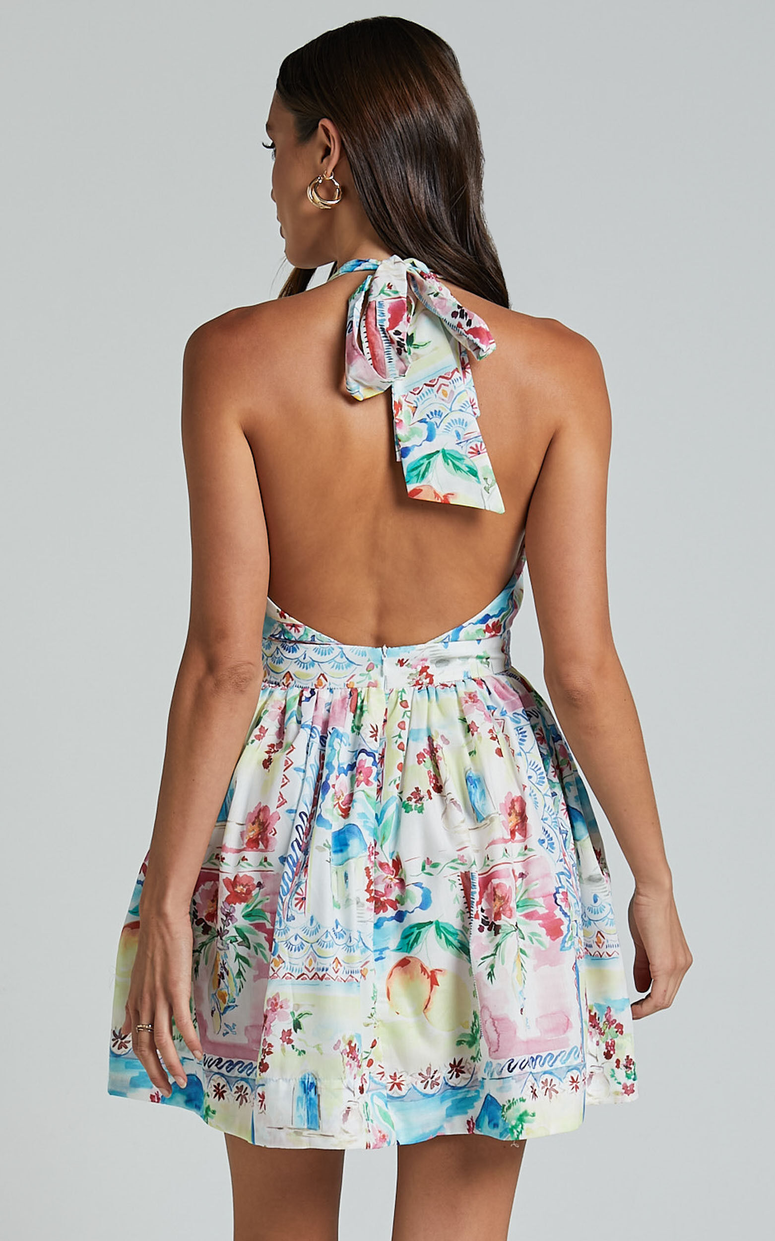 Duncan Mini Dress - Halter Neck Empire Waist Dress in Vacay Print