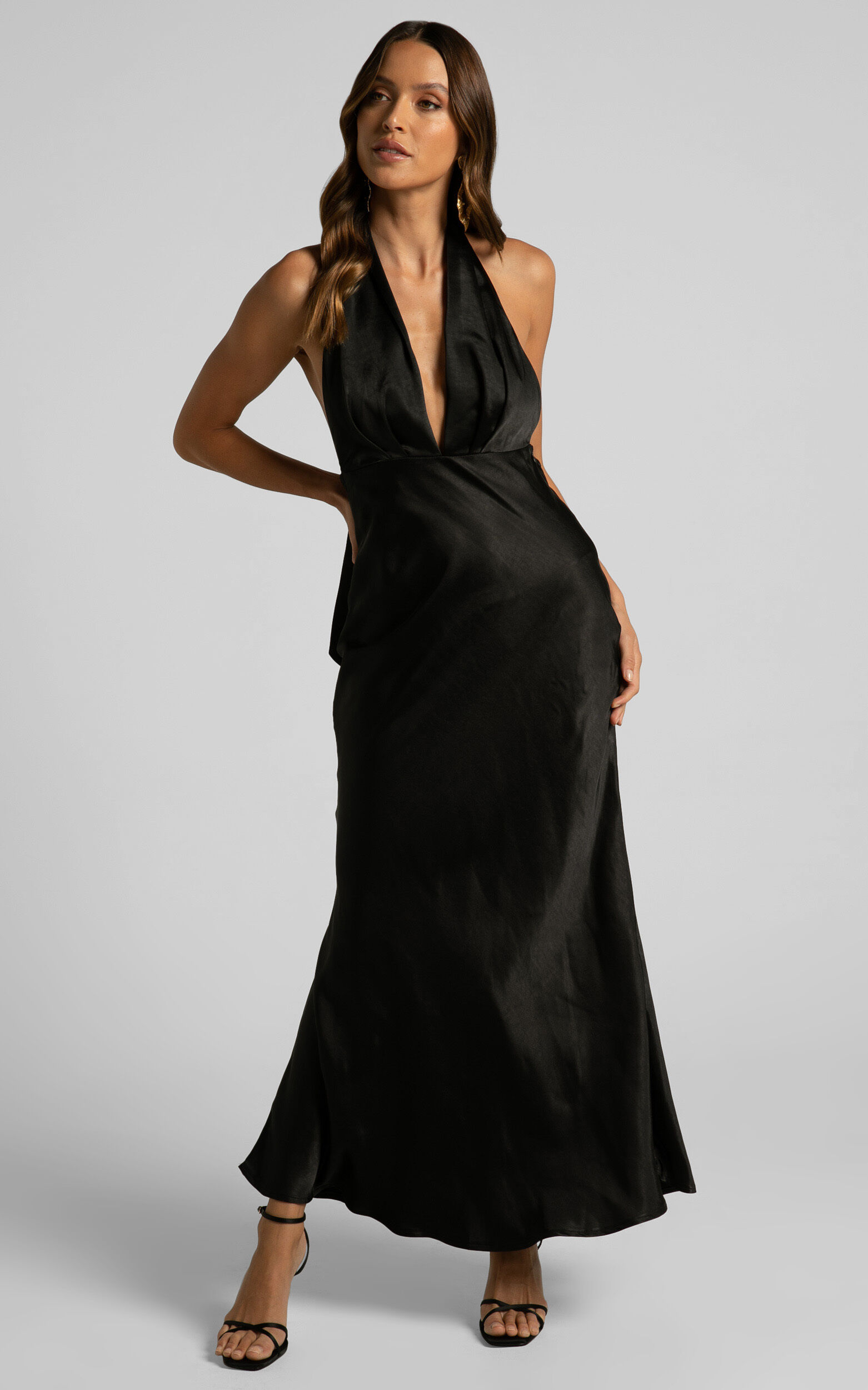 Aiyana Midi Dress - Halter Neck Satin Dress in Black