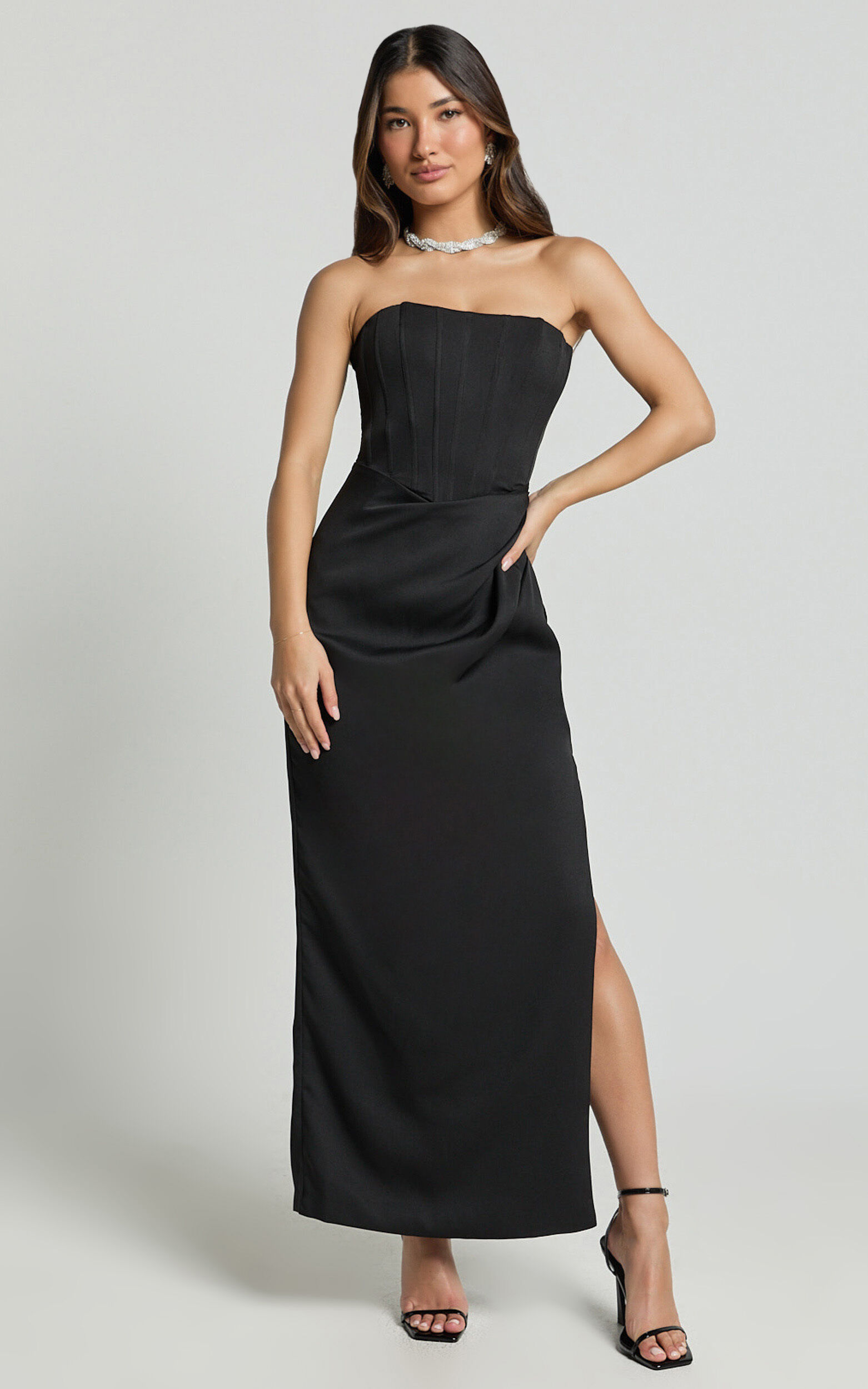 Avery Midi Dress - Strapless Draped Side Split Dress in Black