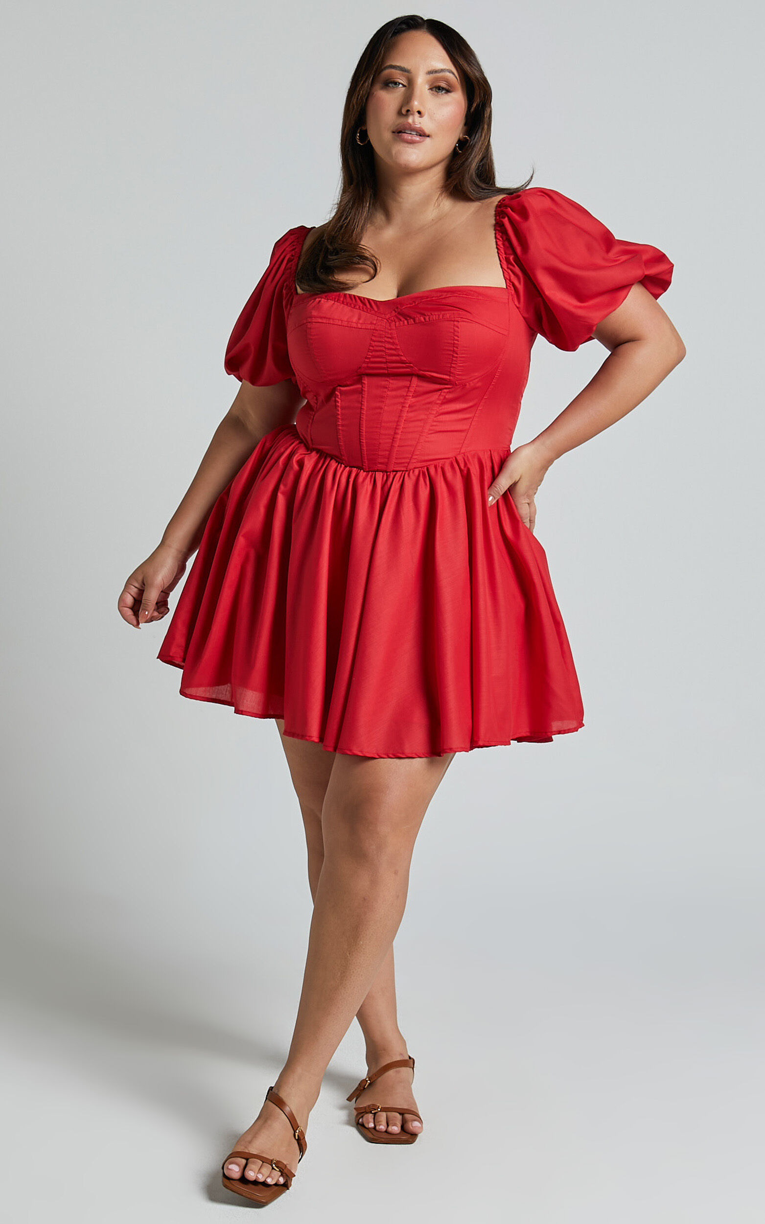 Souza Mini Dress - Fit and Flare Puff Sleeve Corset Dress in Red