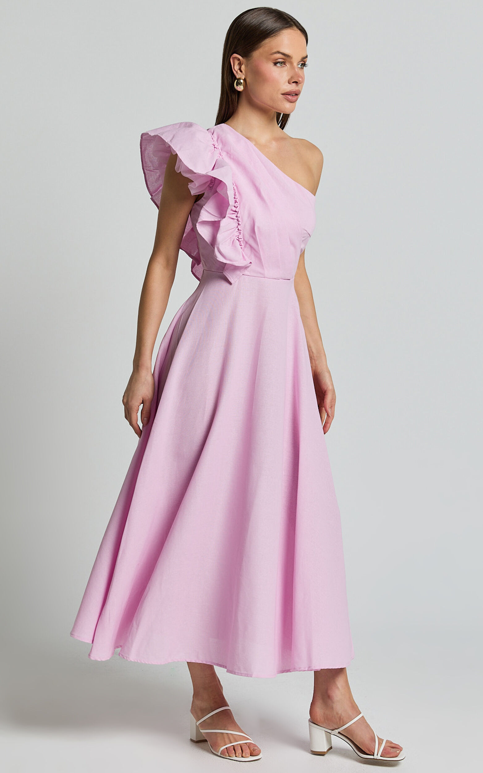 Dixie Midi Dress - Linen Look One Shoulder Ruffle Dress in Pink