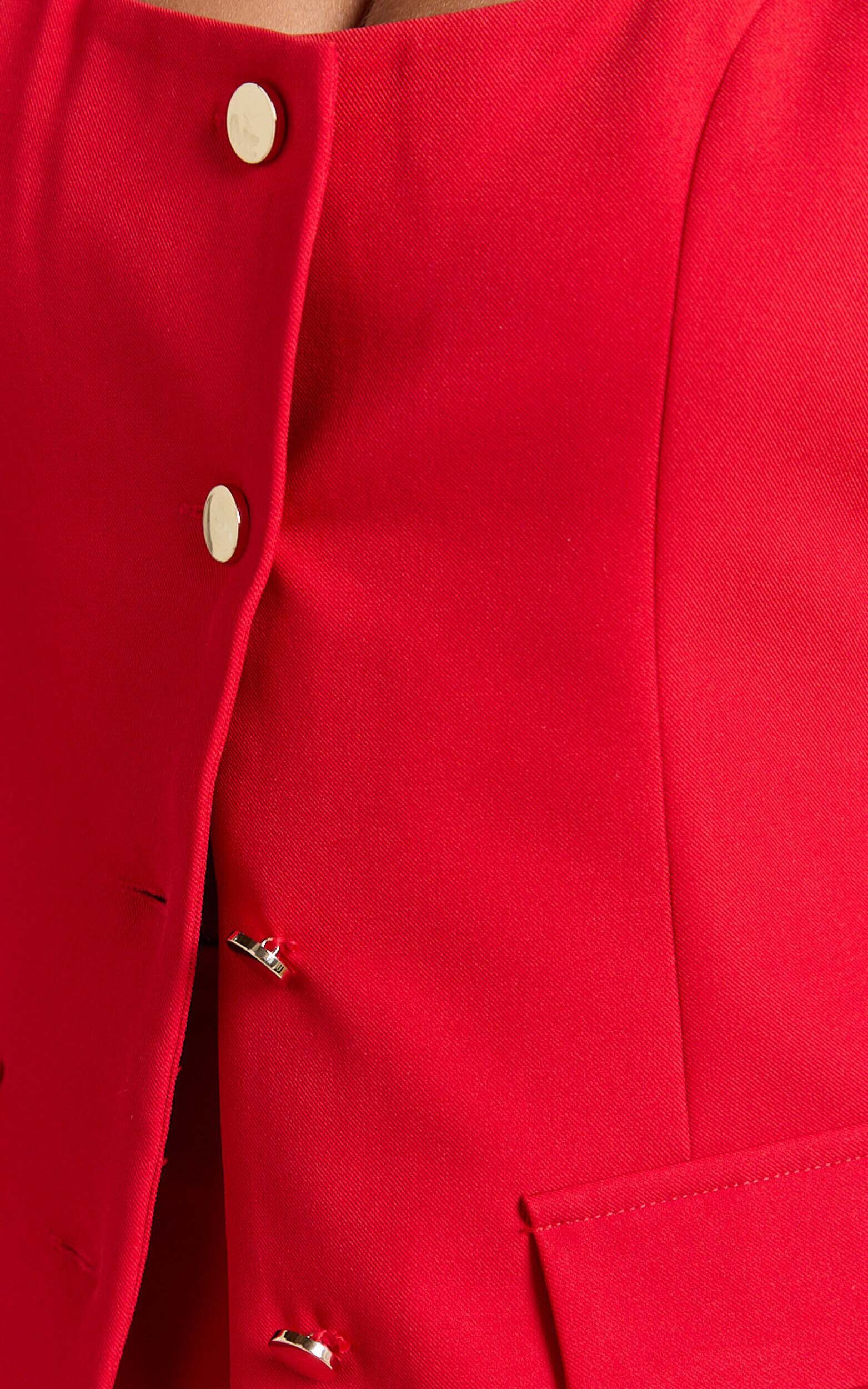 Phyllis Two Piece Set - Tailored Scoop Neck Vest Top and A Line Mini Skirt Set in Red