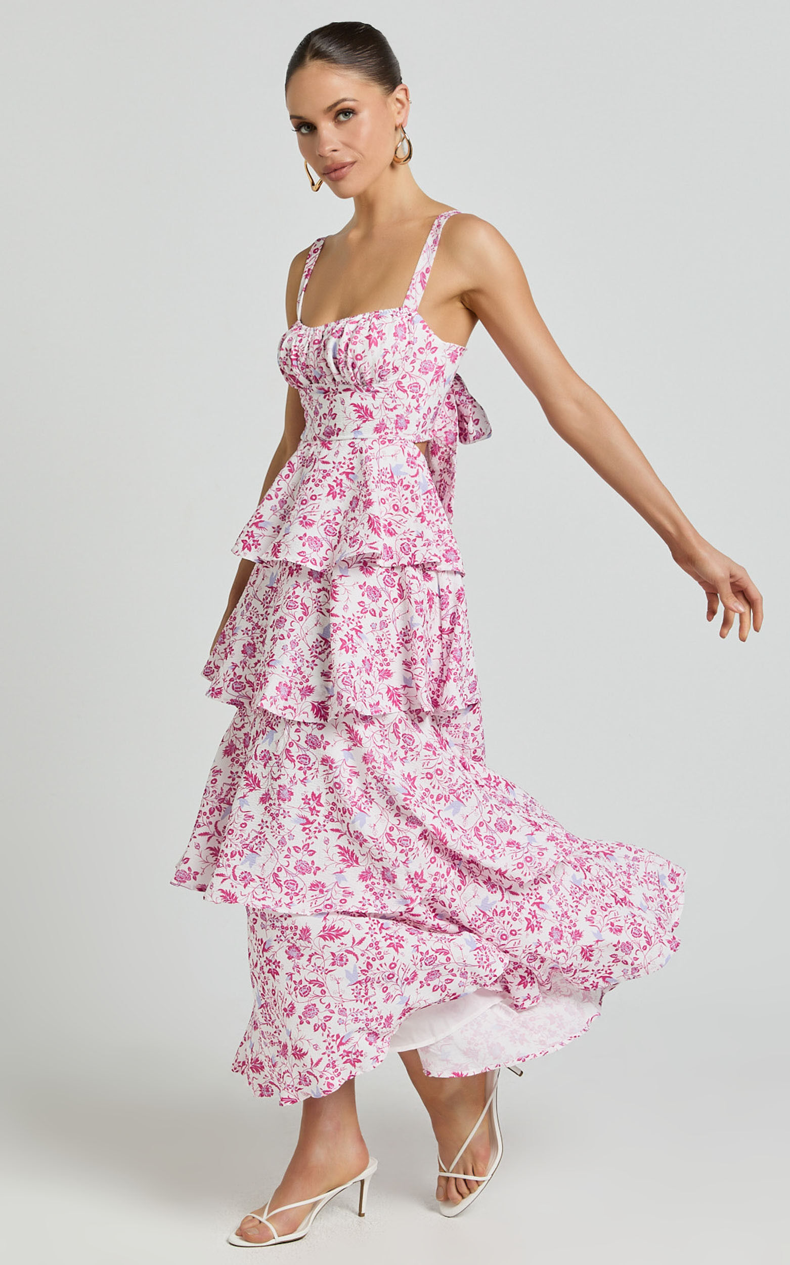 Lorma Midi Dress - Ruched Layered Dress in Pink Floral