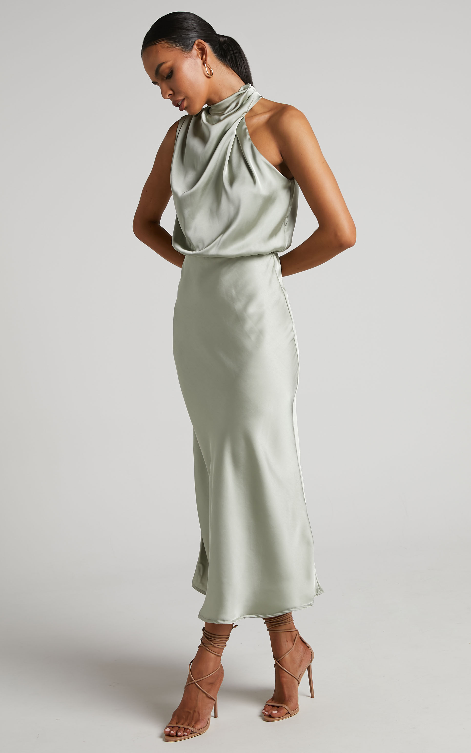 Minnie Midi Dress - Drape Neck Satin Slip Dress in Sage