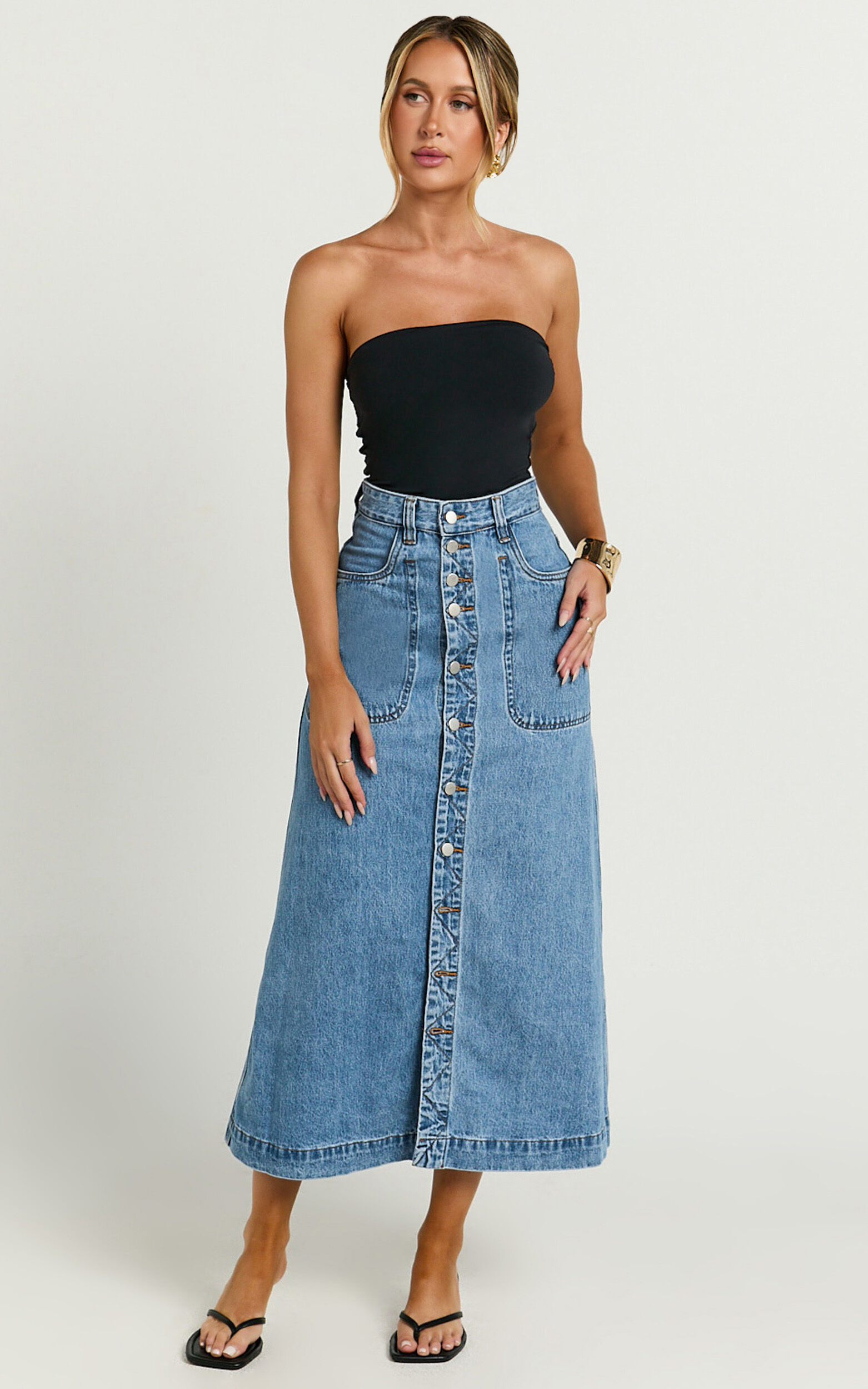 Alisa Midi Skirt - Button Through A Line Denim in Mid Blue Wash