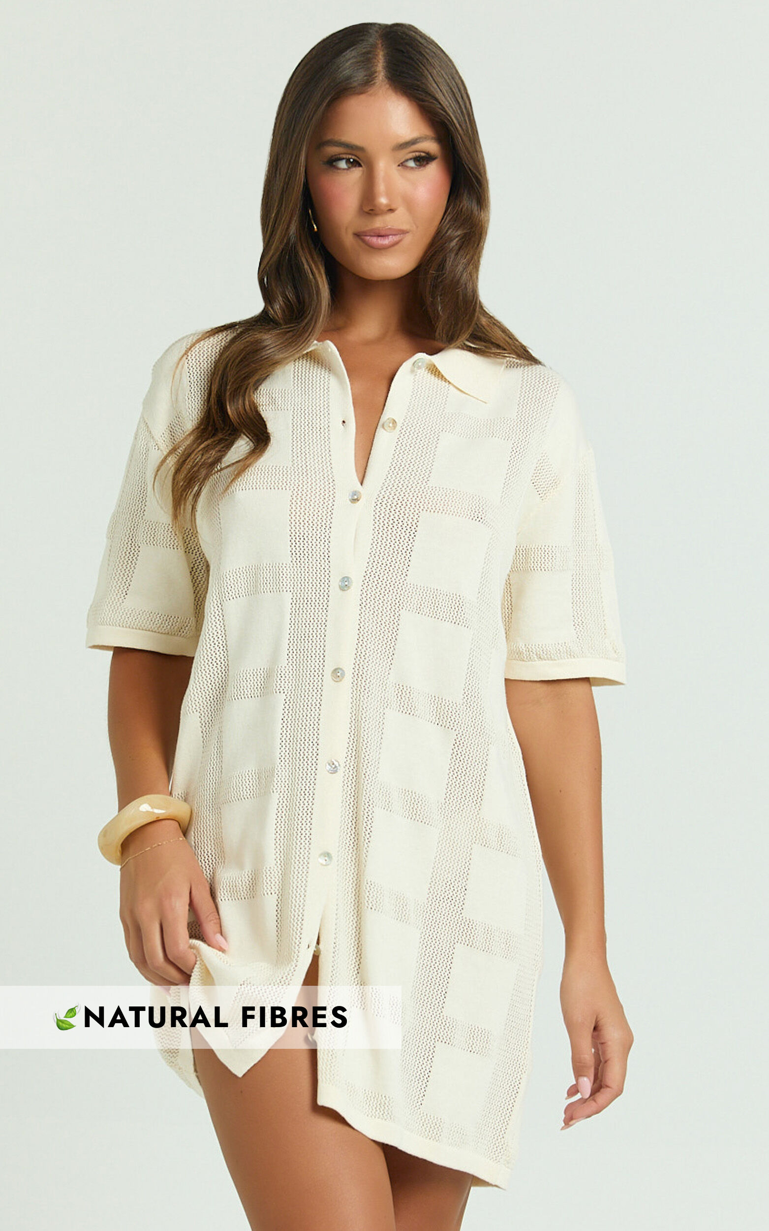 Tully Mini Dress - Knitted Button Through Shift Dress in Cream