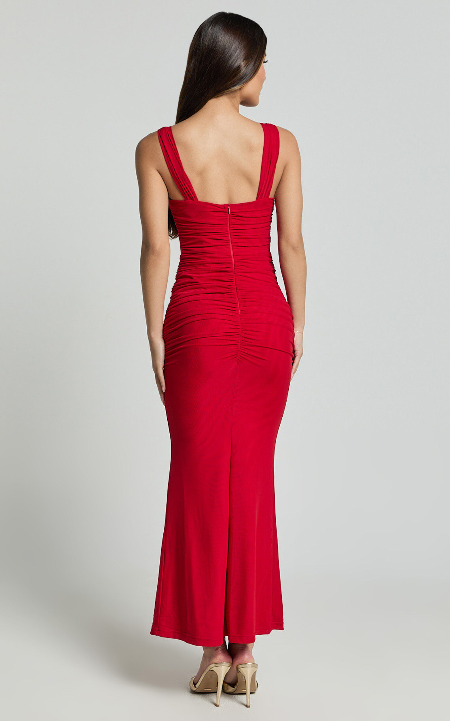 Adalee Midi Dress- Sheer Panel Ruched Bust Dress in Red